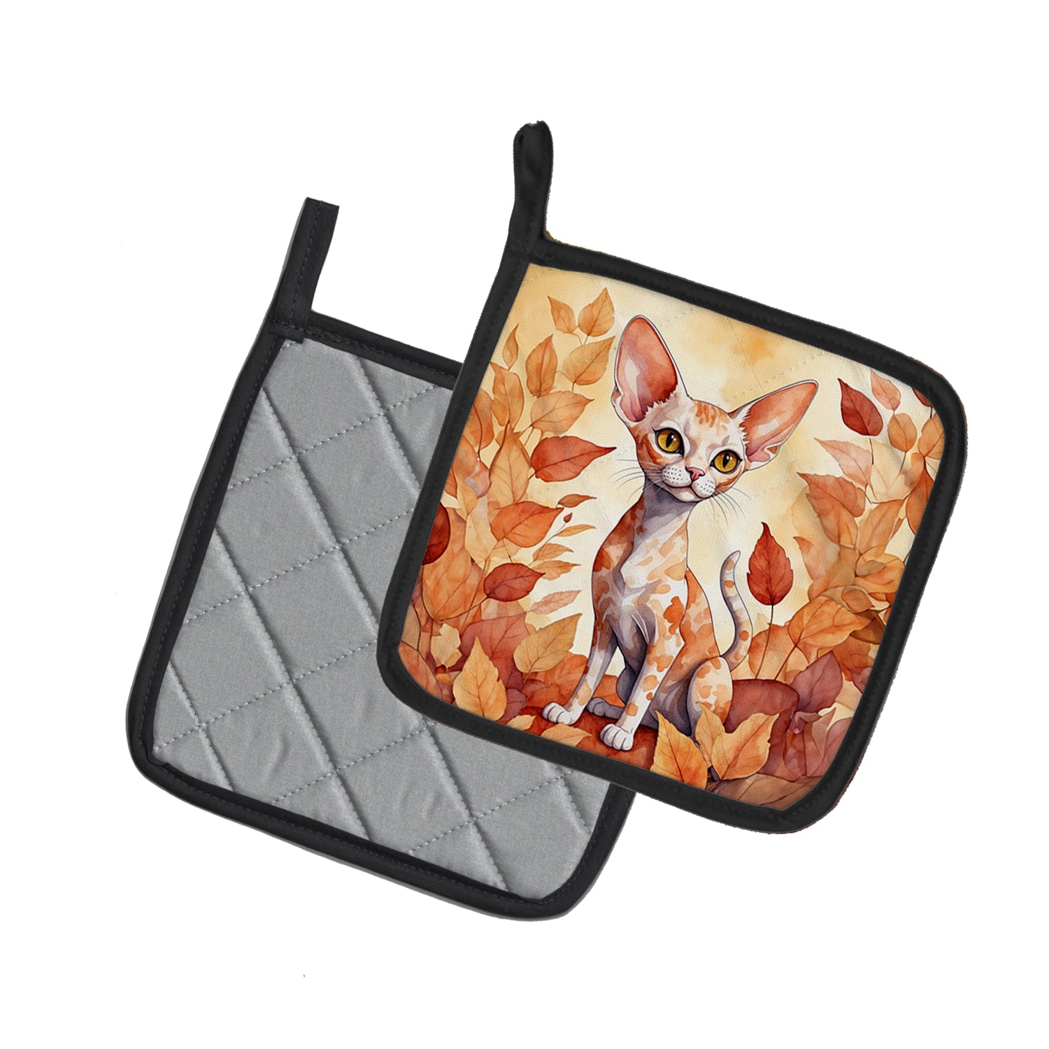 Devon Rex Cat in Fall Leaves Pair of Pot Holders