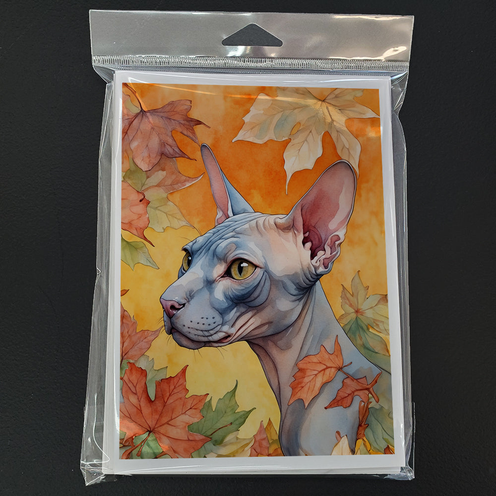 Donskoy Don Sphynx Cat in Fall Leaves Greeting Cards Pack of 8