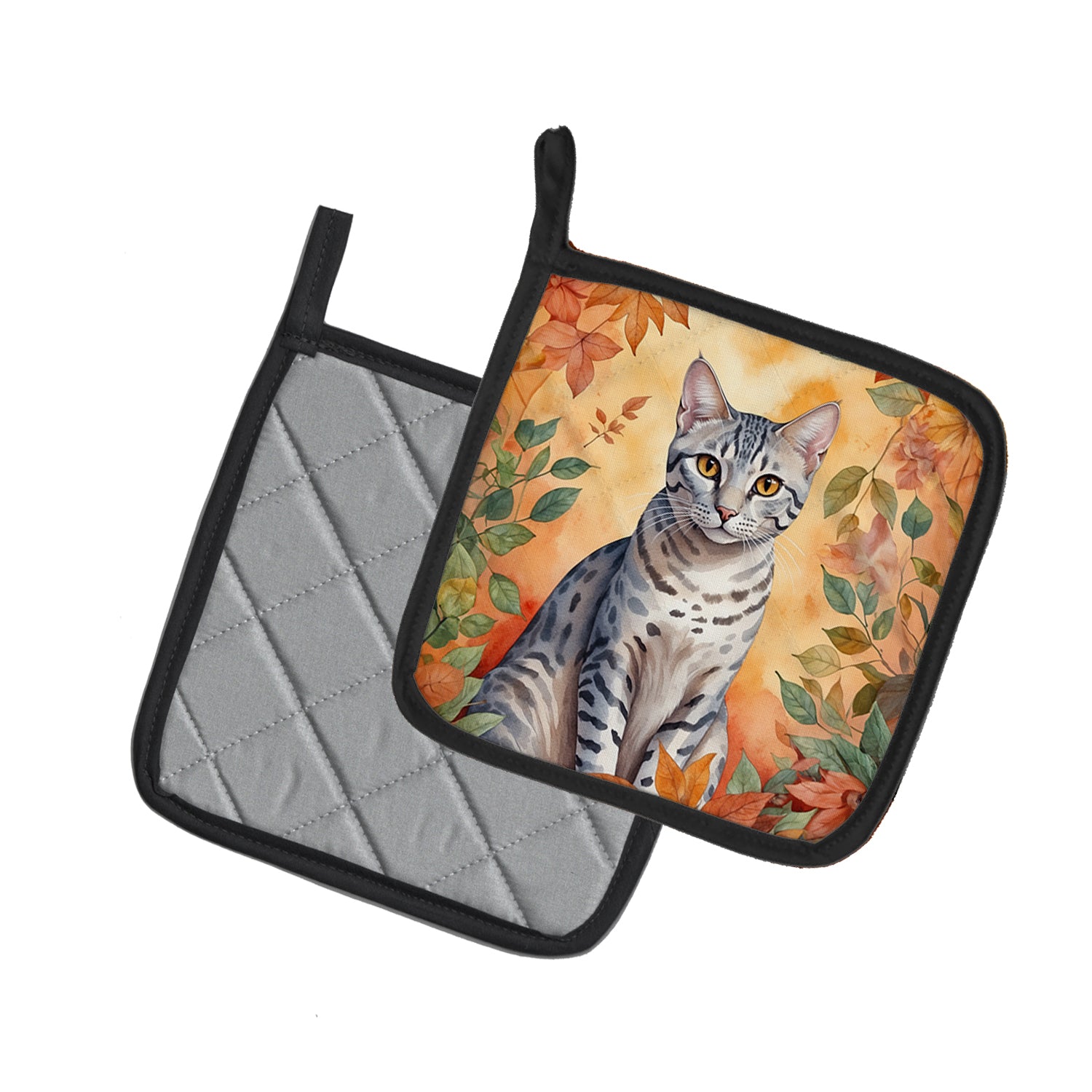 Buy this Egyptian Mau Cat in Fall Leaves Pair of Pot Holders