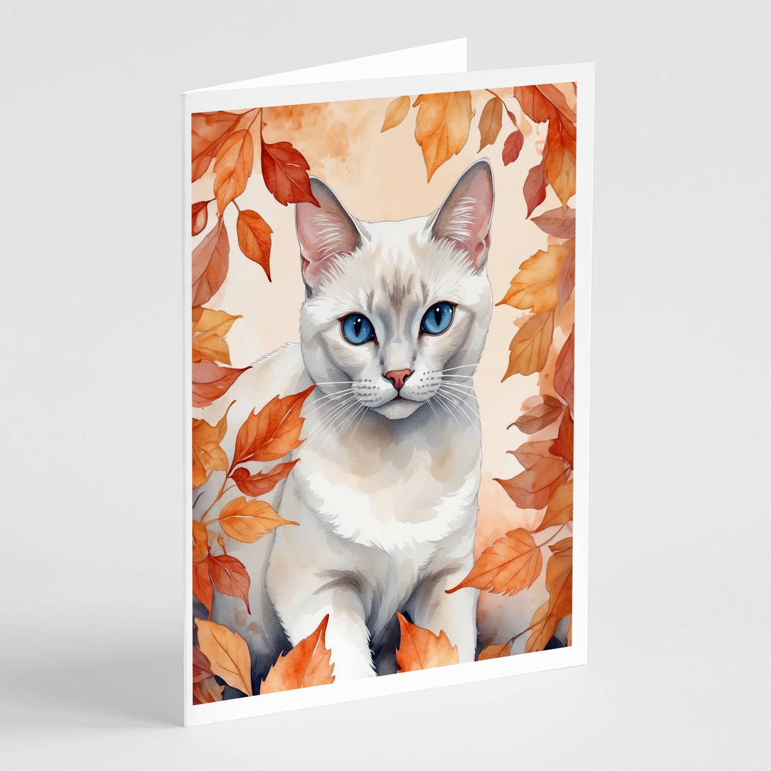 Buy this Foreign White Cat in Fall Leaves Greeting Cards Pack of 8