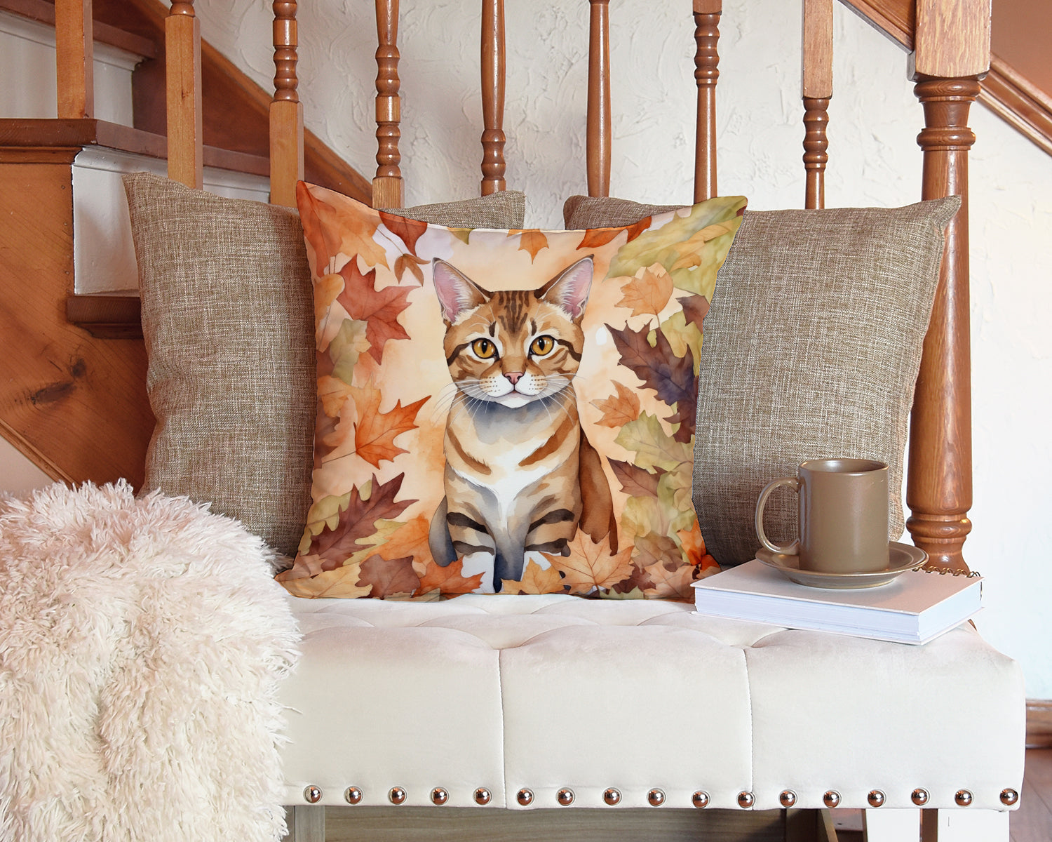 German Rex Cat in Fall Leaves Throw Pillow