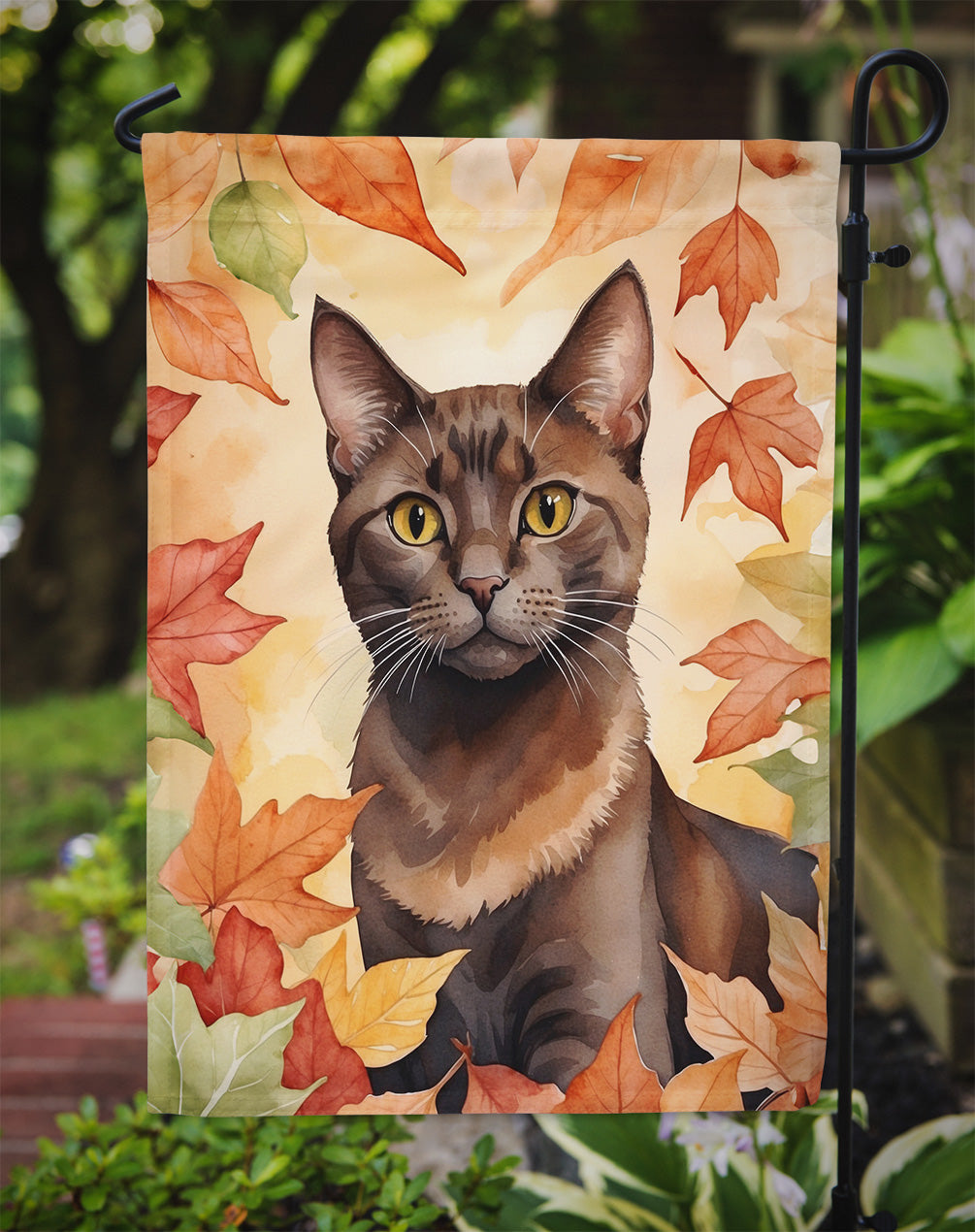 Havana Brown Cat in Fall Leaves Garden Flag