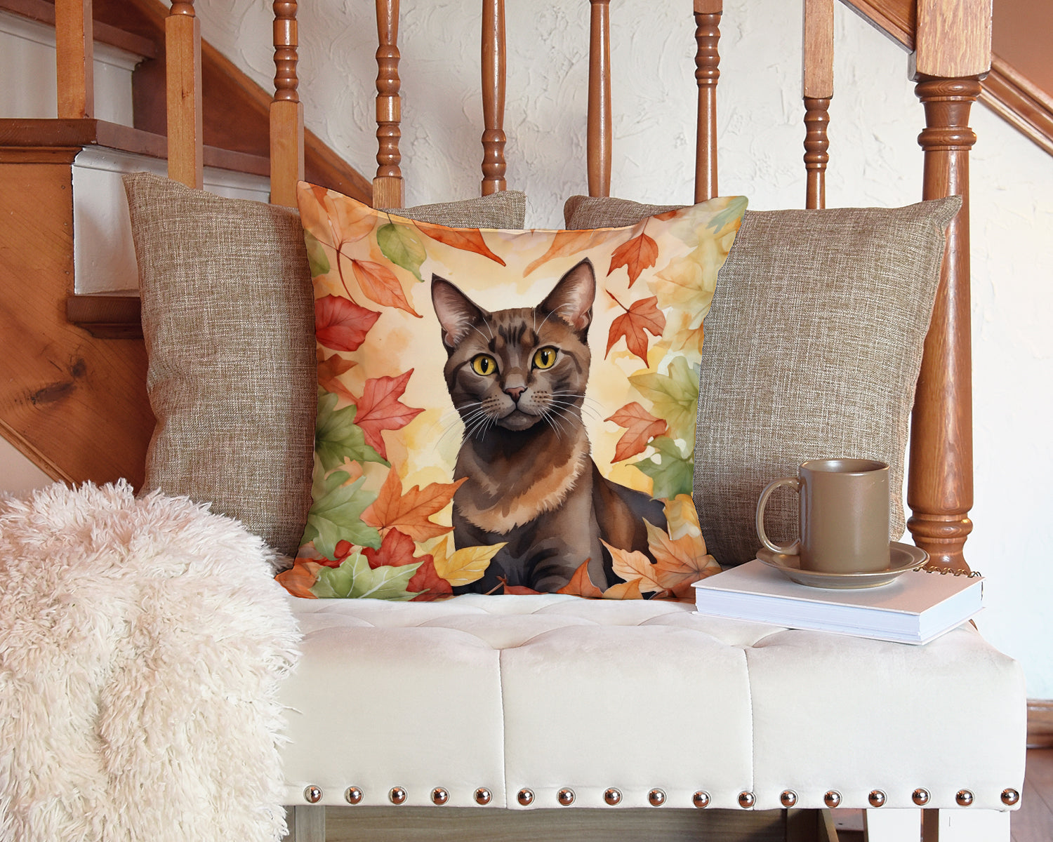 Havana Brown Cat in Fall Leaves Throw Pillow