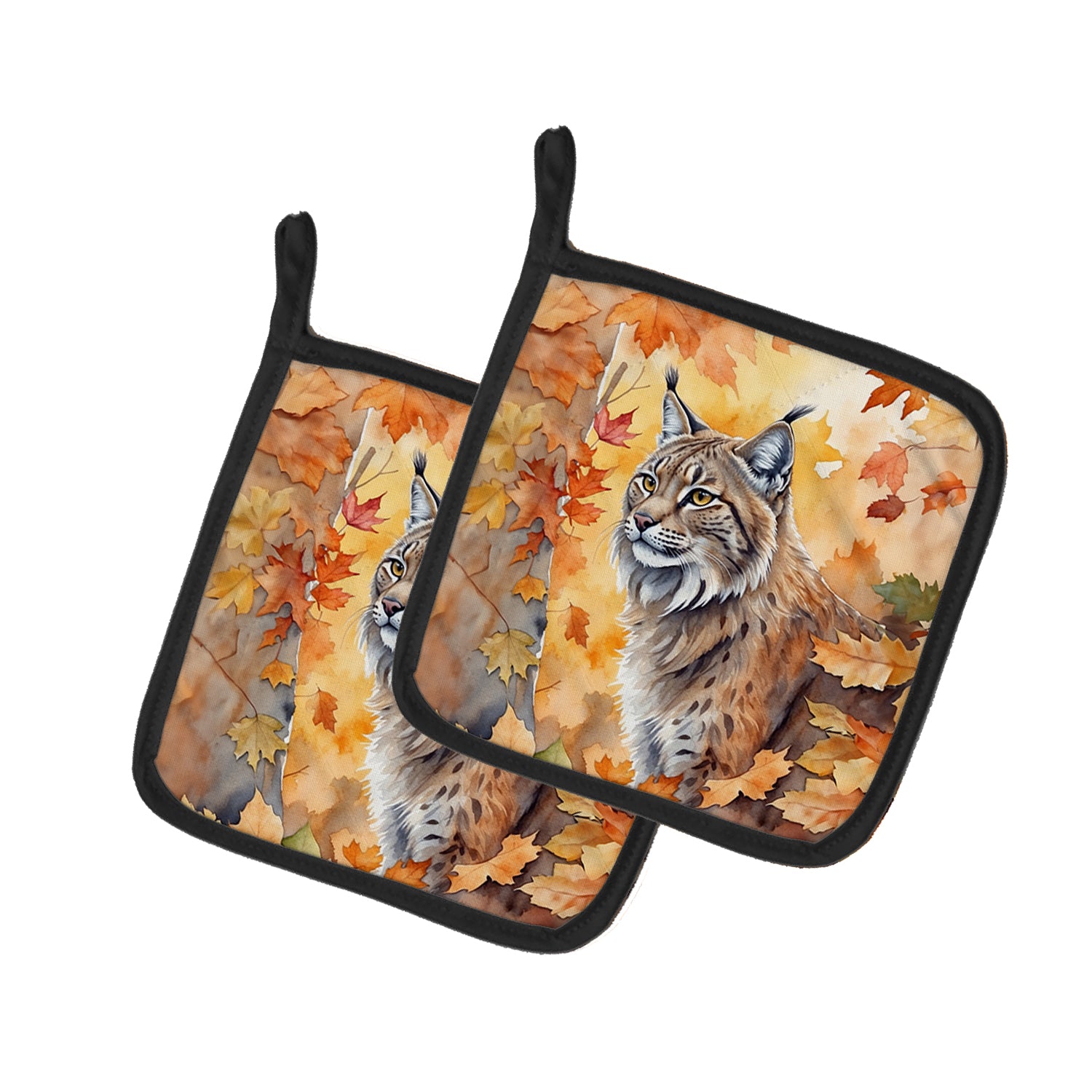 Buy this Highlander Lynx Cat in Fall Leaves Pair of Pot Holders