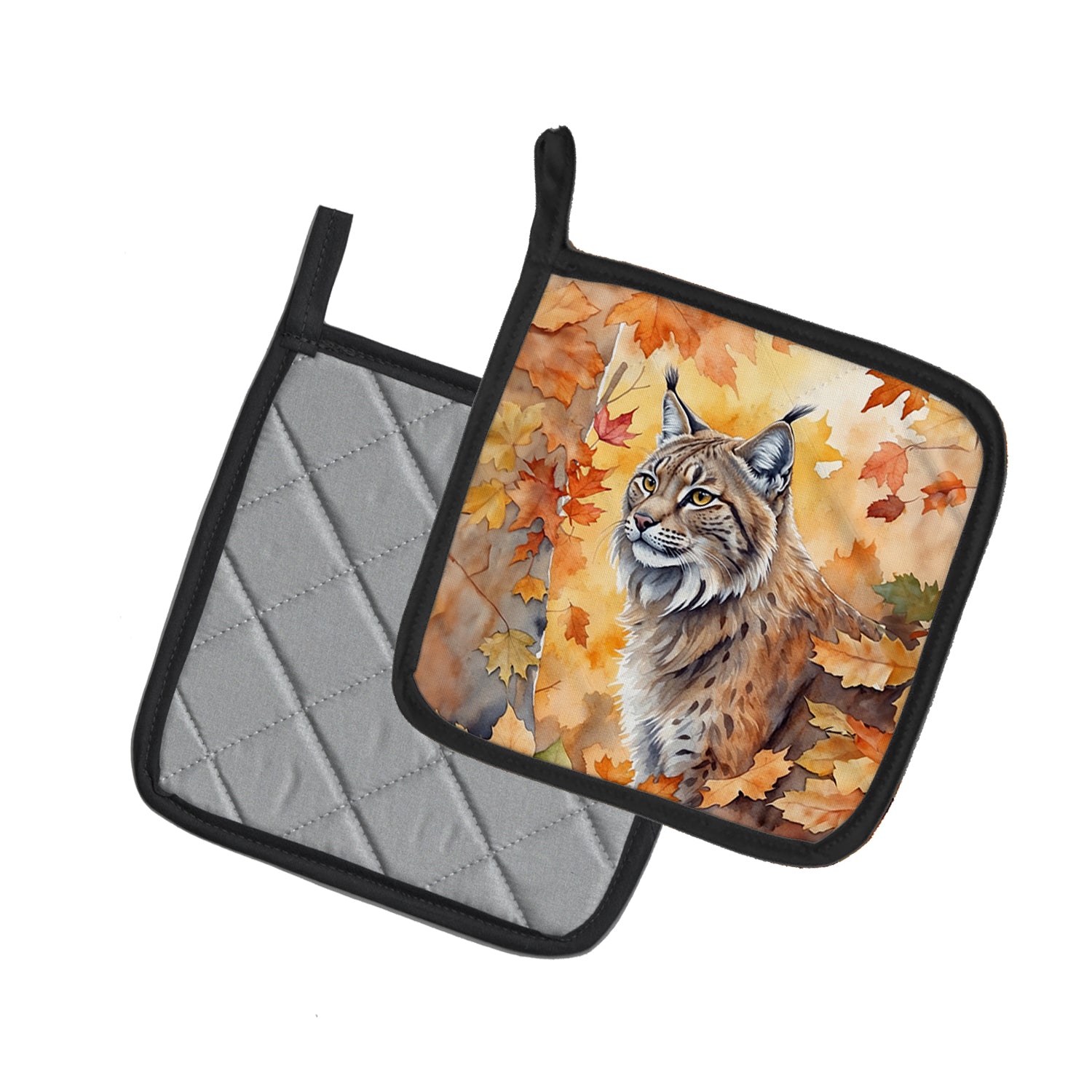 Buy this Highlander Lynx Cat in Fall Leaves Pair of Pot Holders