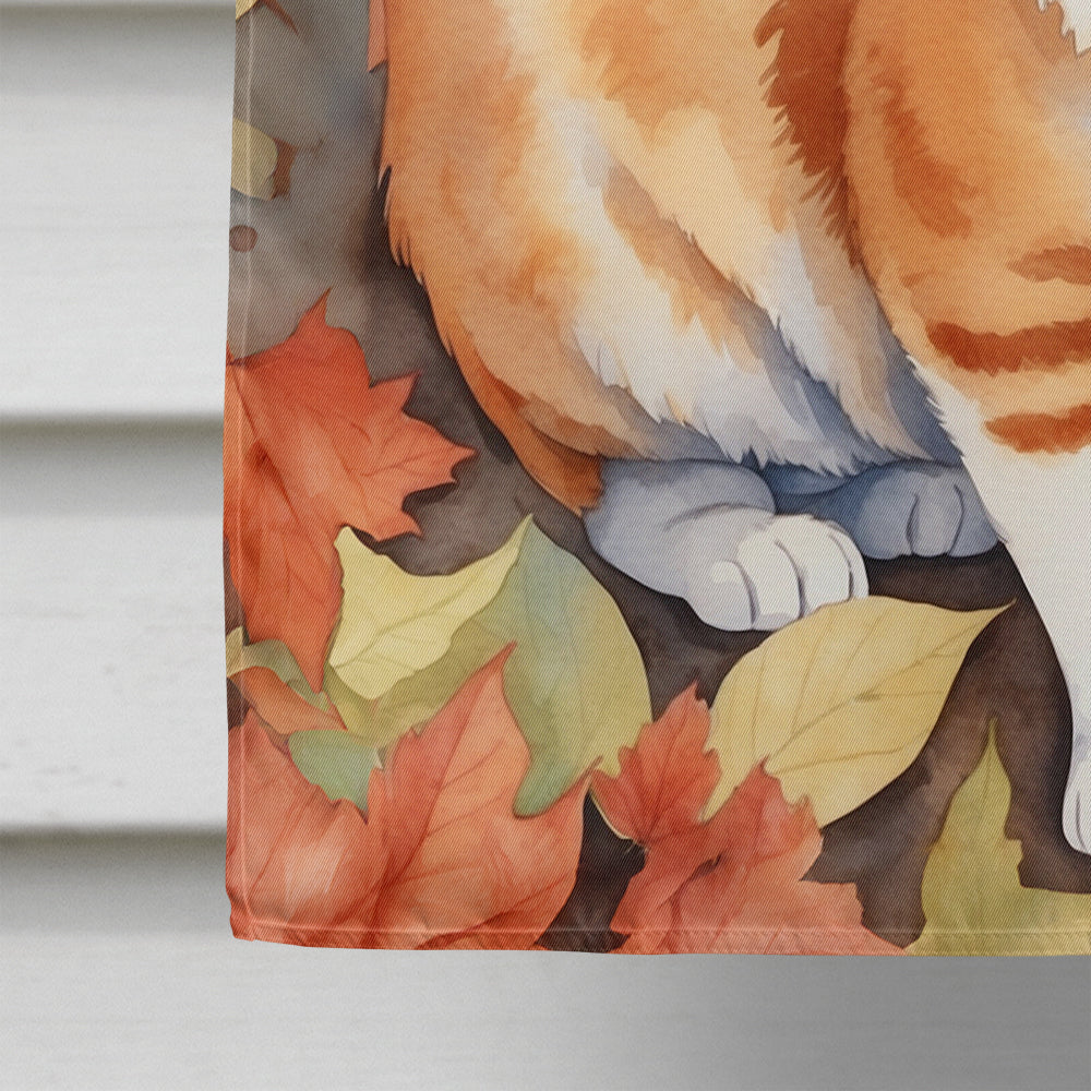 Japanese Bobtail Cat in Fall Leaves House Flag