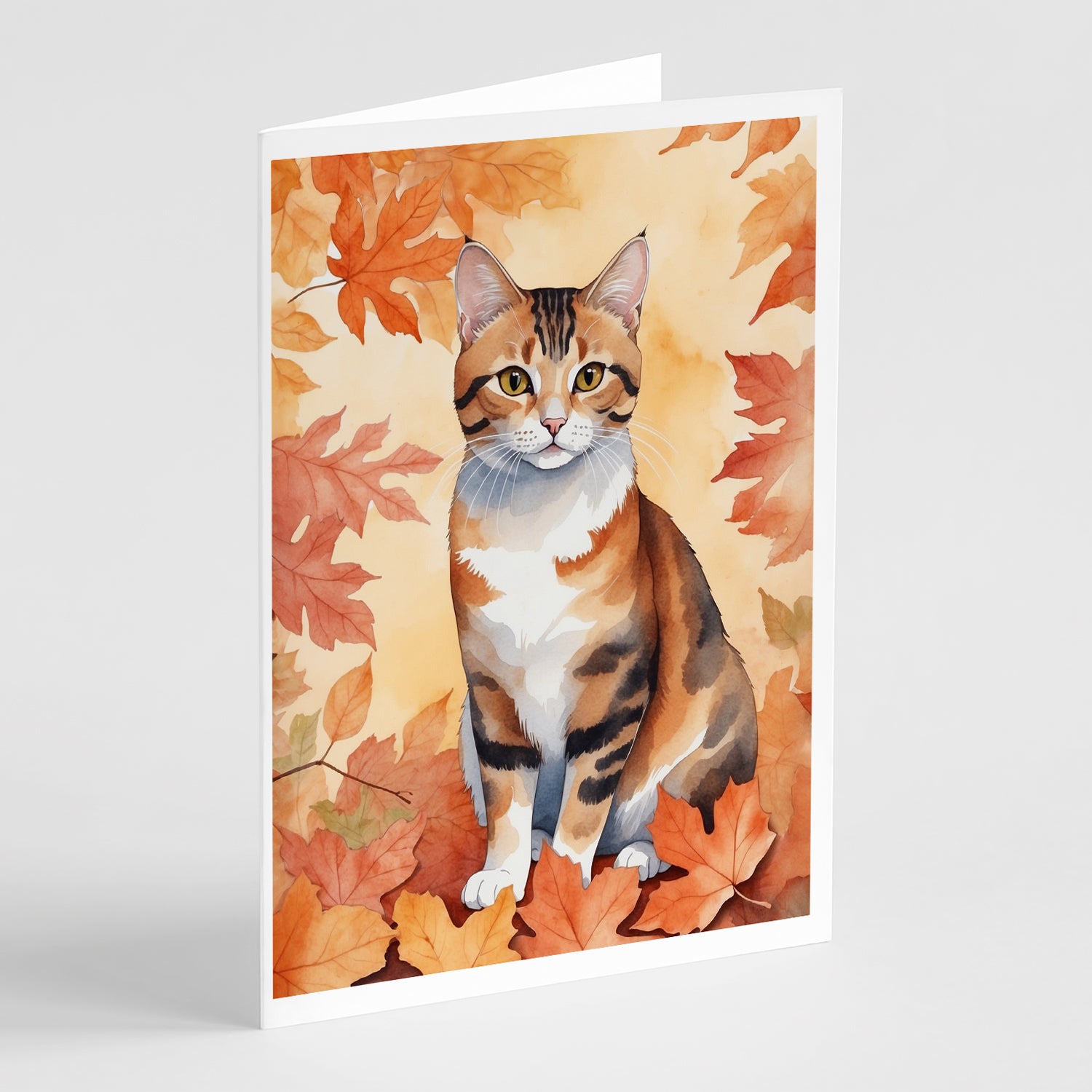 Buy this Korean Bobtail Cat in Fall Leaves Greeting Cards Pack of 8