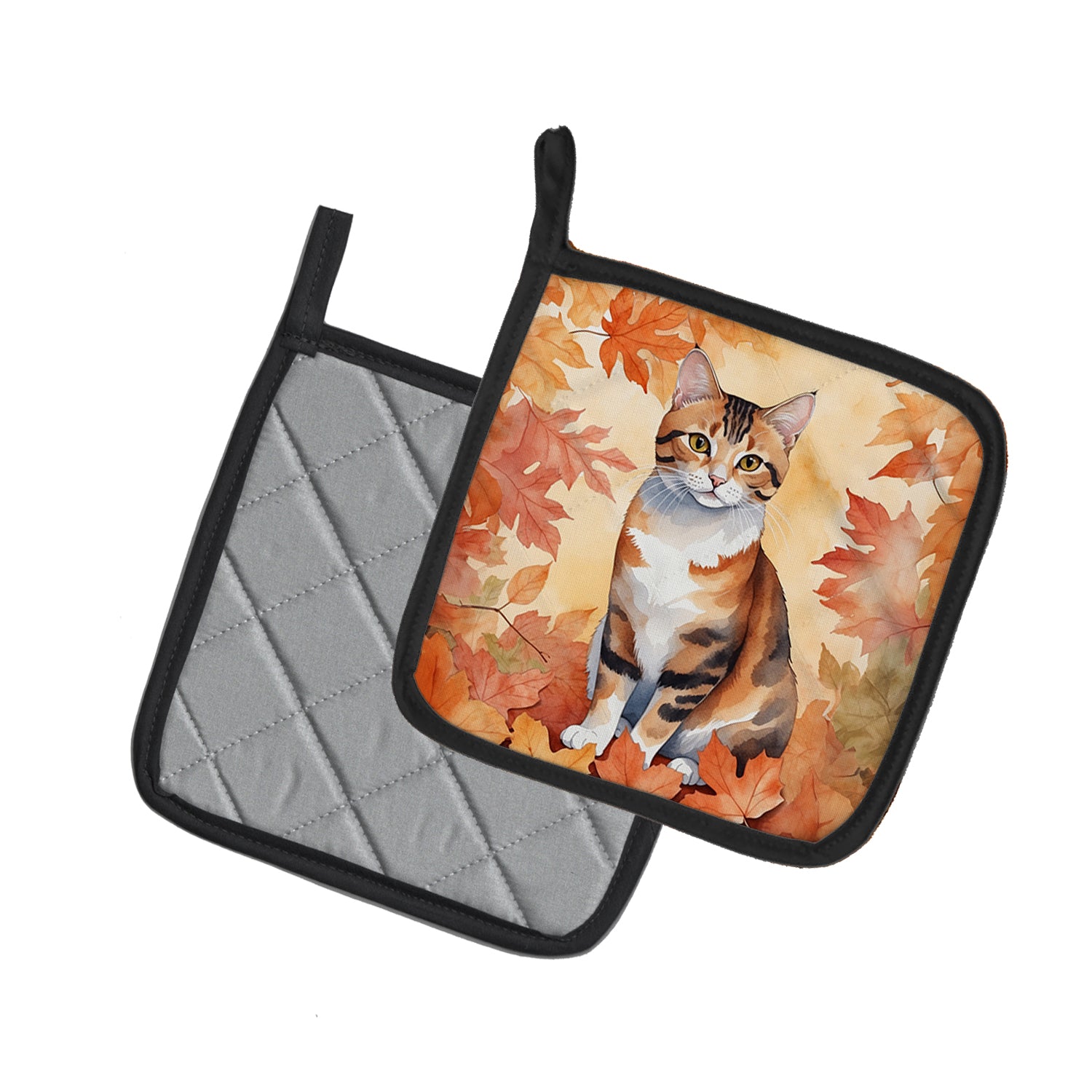 Buy this Korean Bobtail Cat in Fall Leaves Pair of Pot Holders