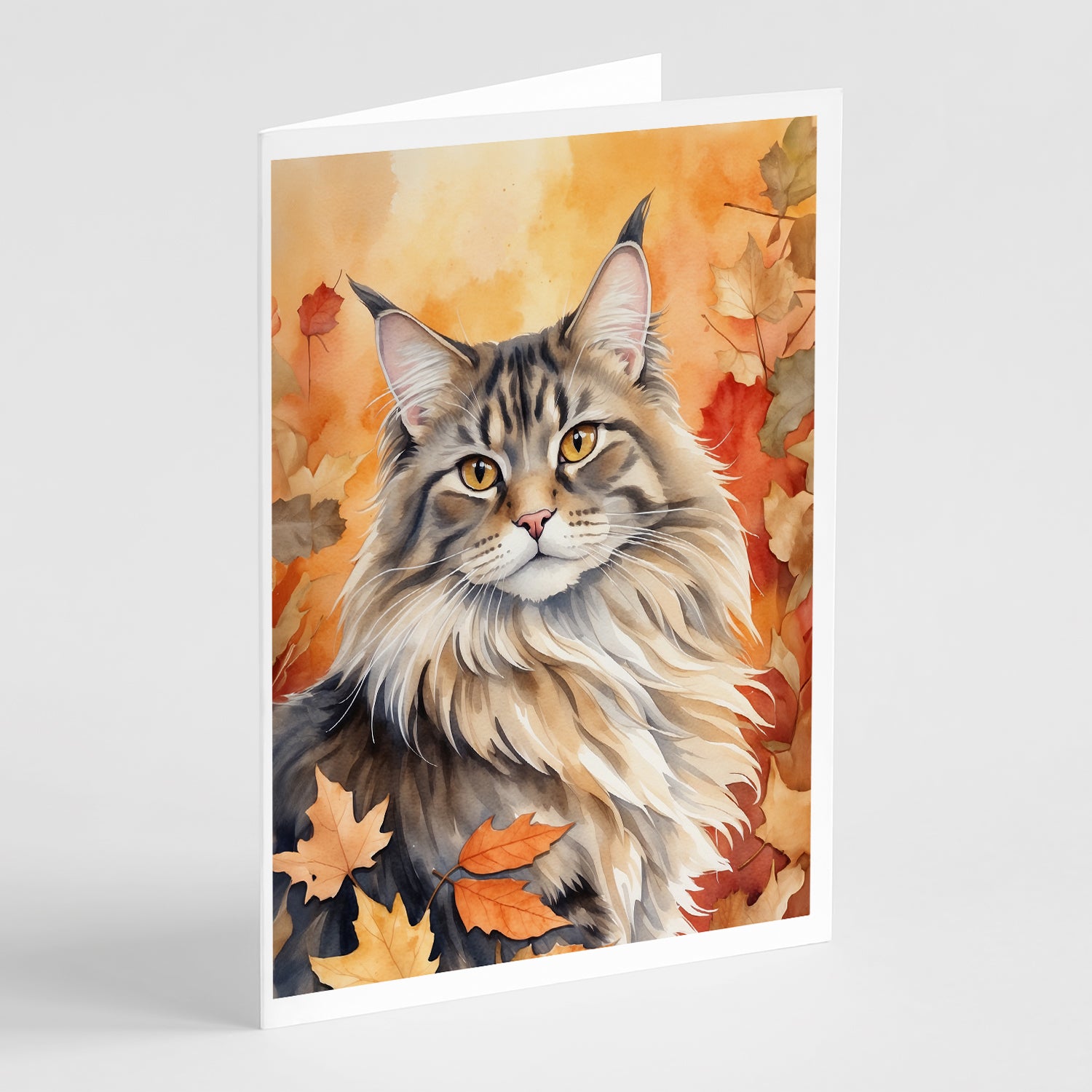 Buy this MaineCoon Cat in Fall Leaves Greeting Cards Pack of 8