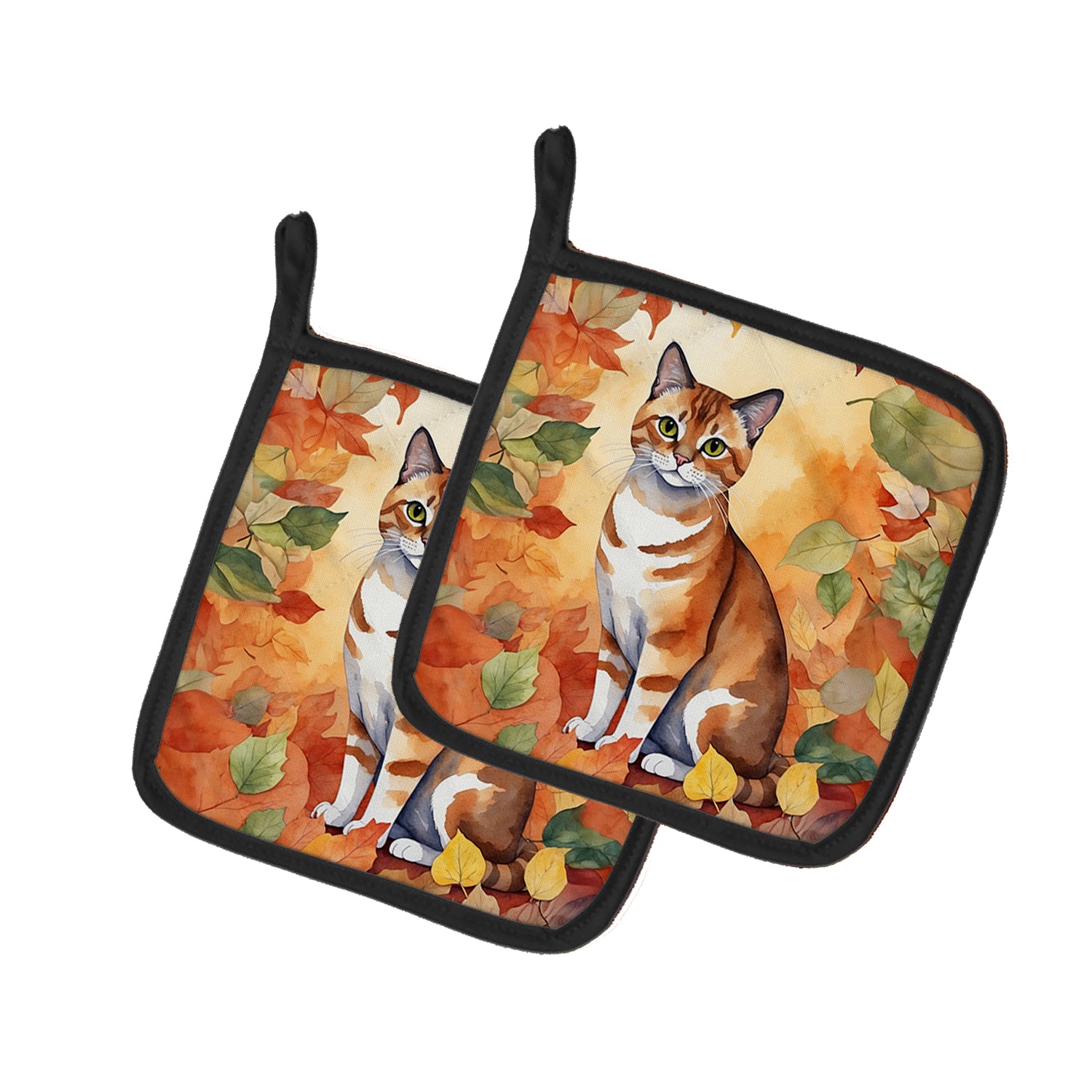 Buy this Malayan Cat in Fall Leaves Pair of Pot Holders