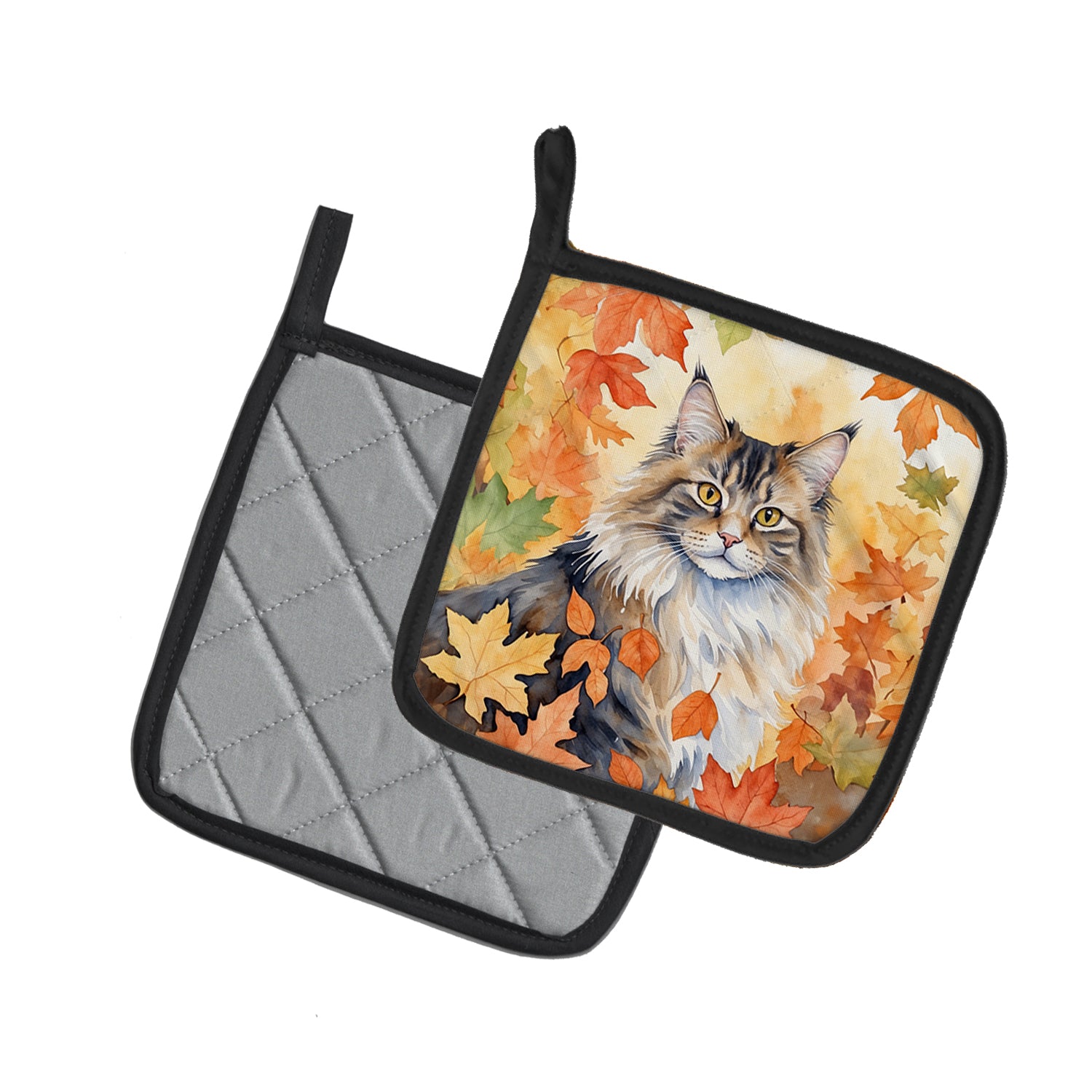 Norwegian Forest Cat in Fall Leaves Pair of Pot Holders