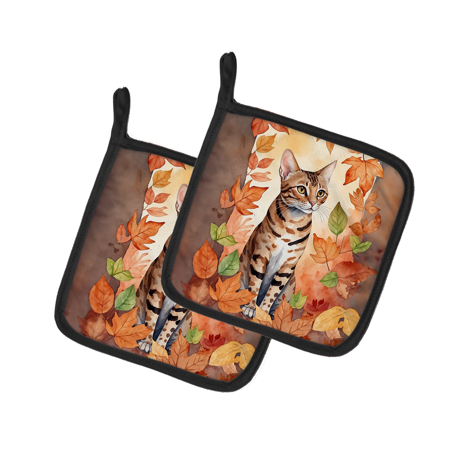 Buy this Ocicat Cat in Fall Leaves Pair of Pot Holders