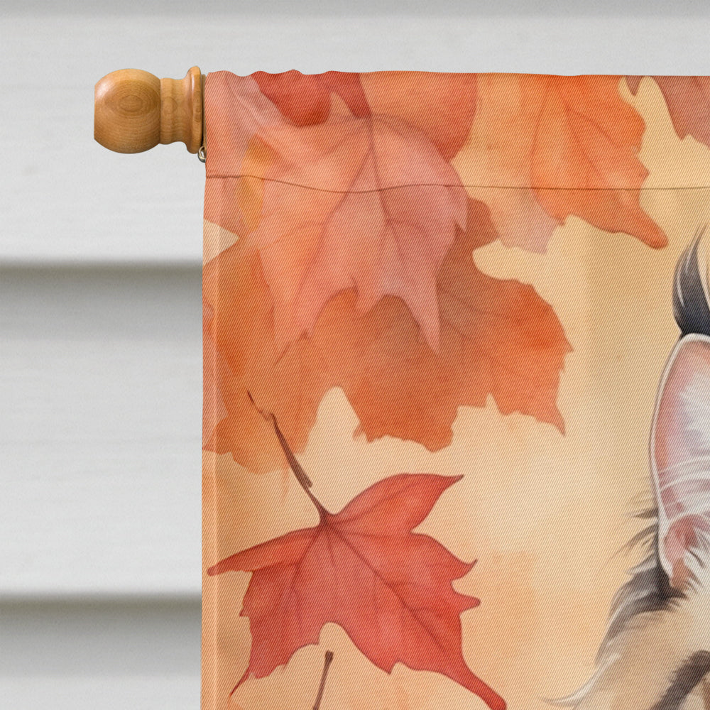 Oriental Longhair Cat in Fall Leaves House Flag