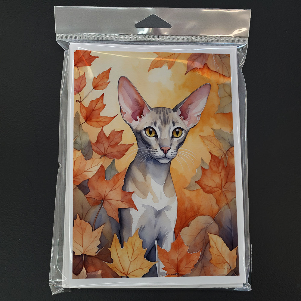 Oriental Shorthair Cat in Fall Leaves Greeting Cards Pack of 8