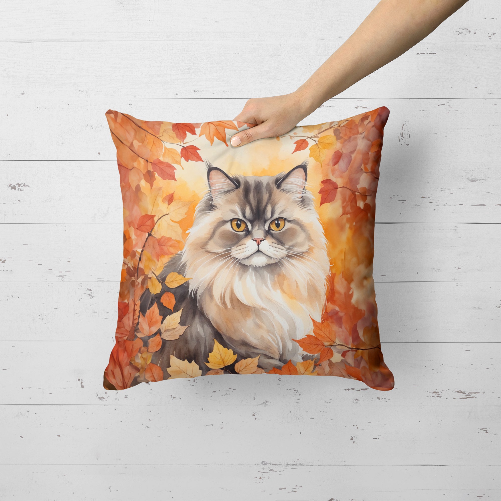 Buy this Persian Cat in Fall Leaves Throw Pillow