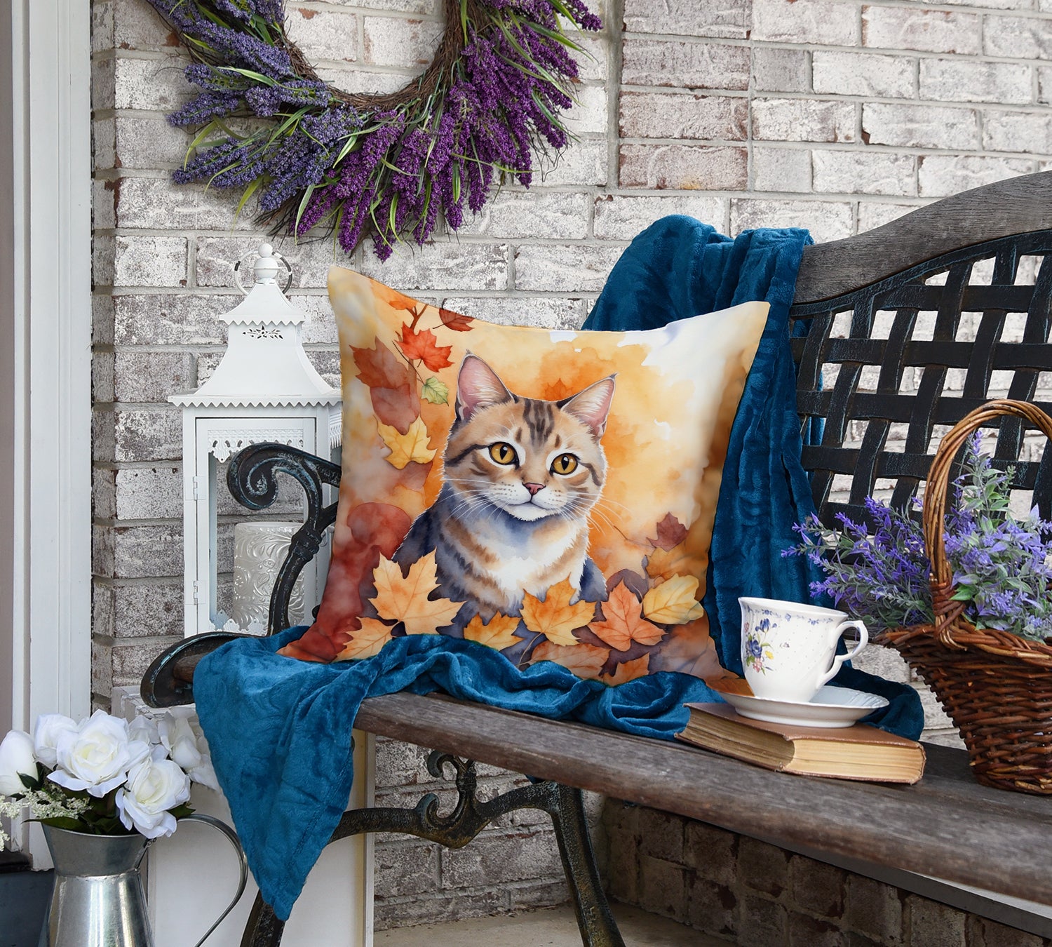 Raas Cat in Fall Leaves Throw Pillow