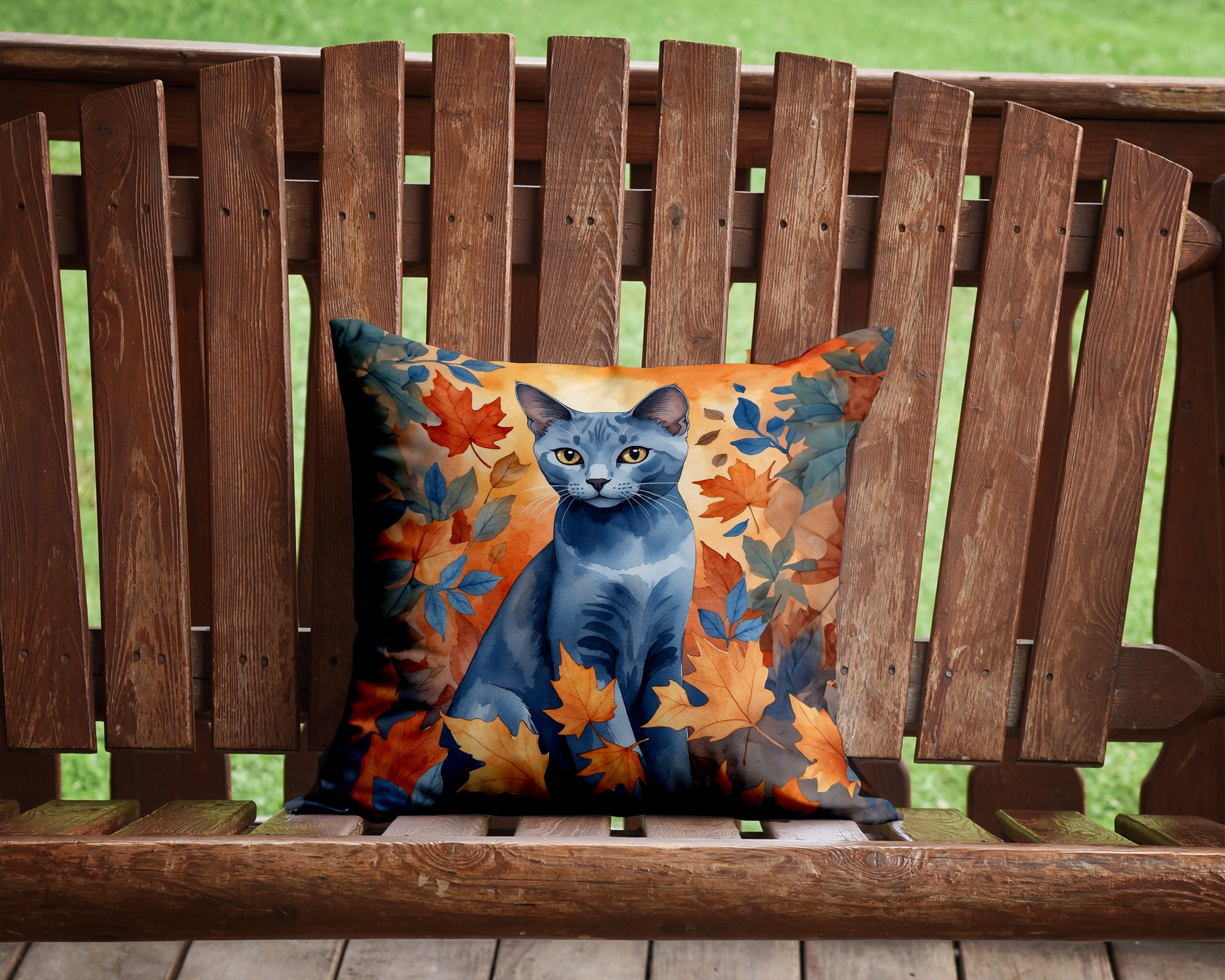 Russian Blue Cat in Fall Leaves Throw Pillow