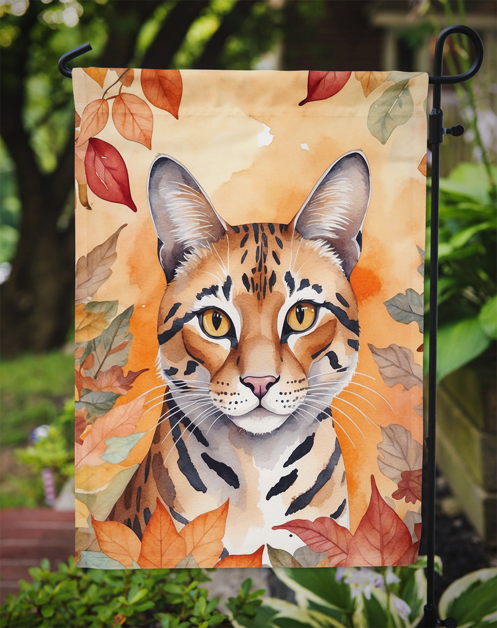 Safari Cat in Fall Leaves Garden Flag