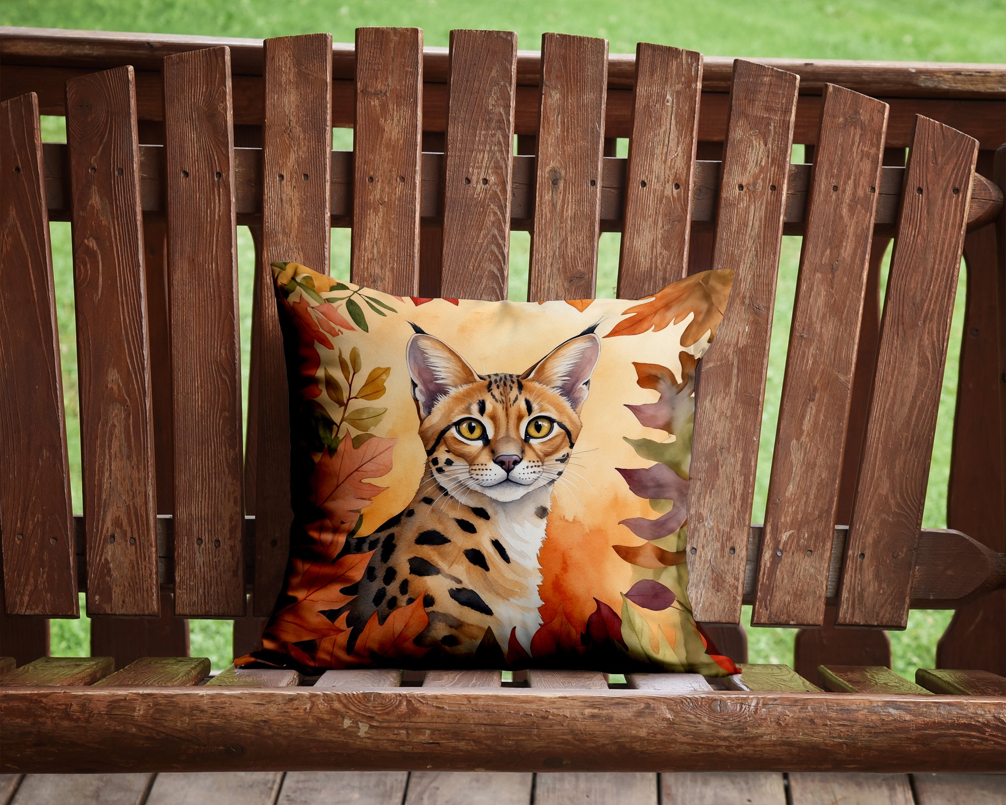 Serengeti Cat in Fall Leaves Throw Pillow