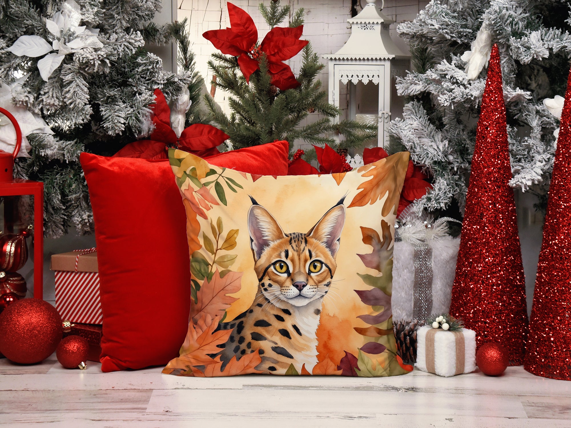 Serengeti Cat in Fall Leaves Throw Pillow