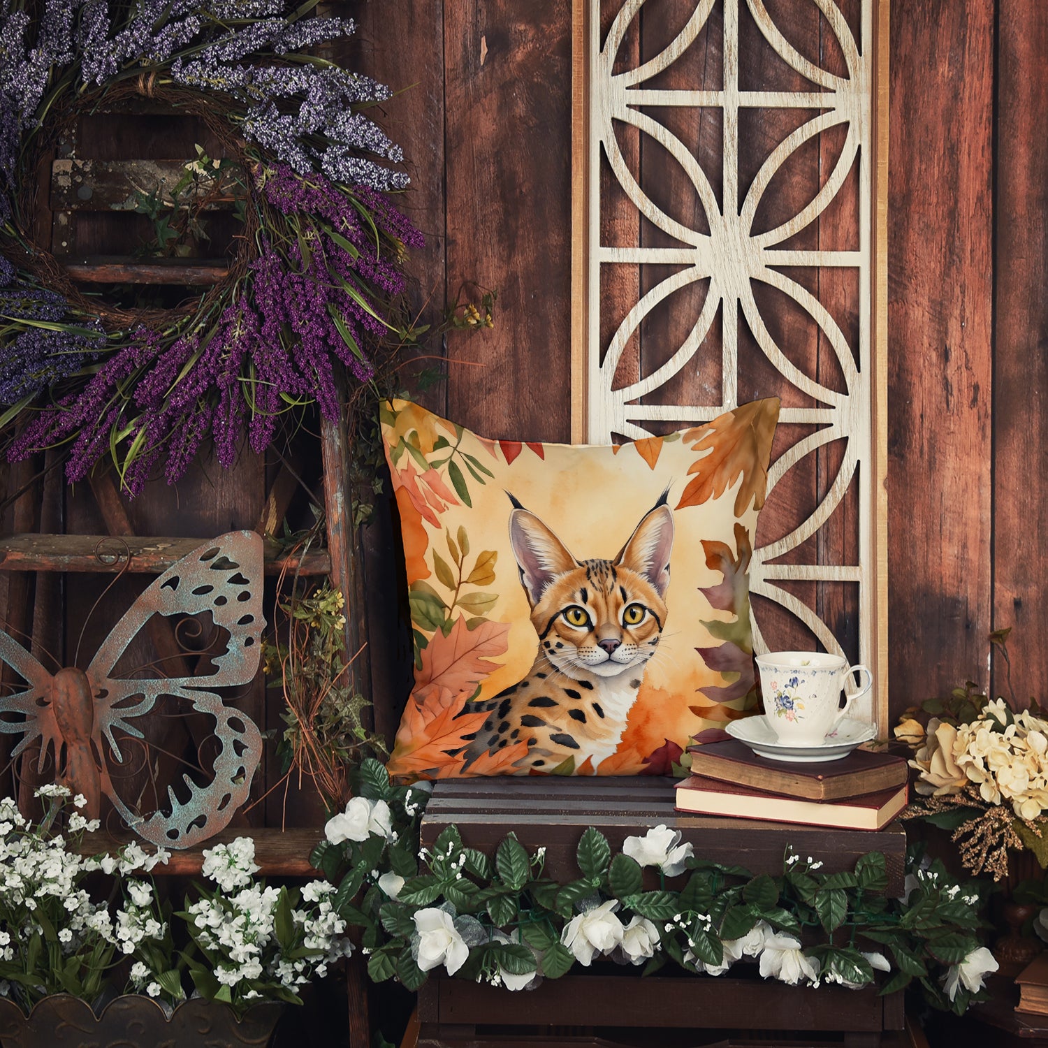 Serengeti Cat in Fall Leaves Throw Pillow