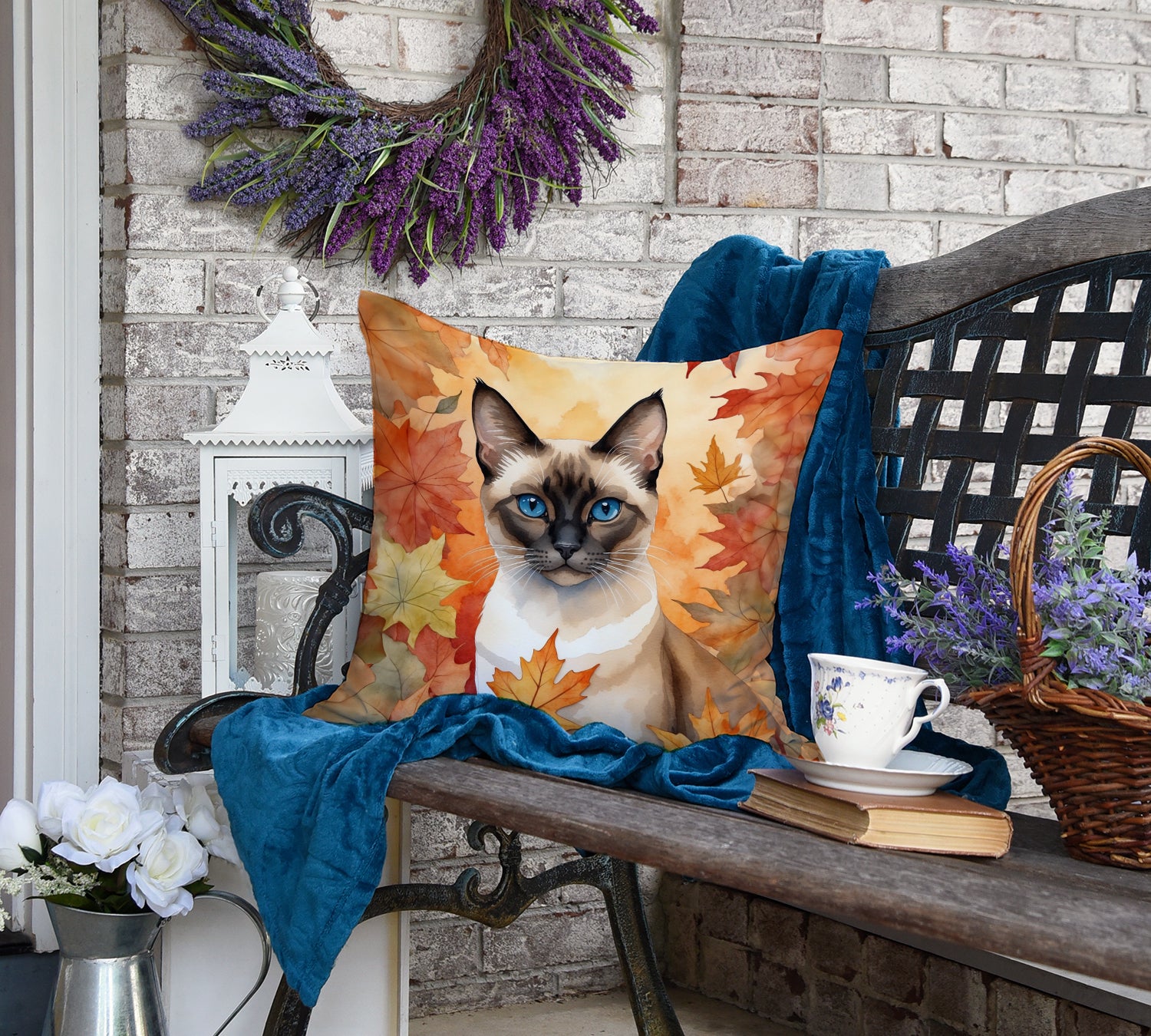 Siamese Cat in Fall Leaves Throw Pillow