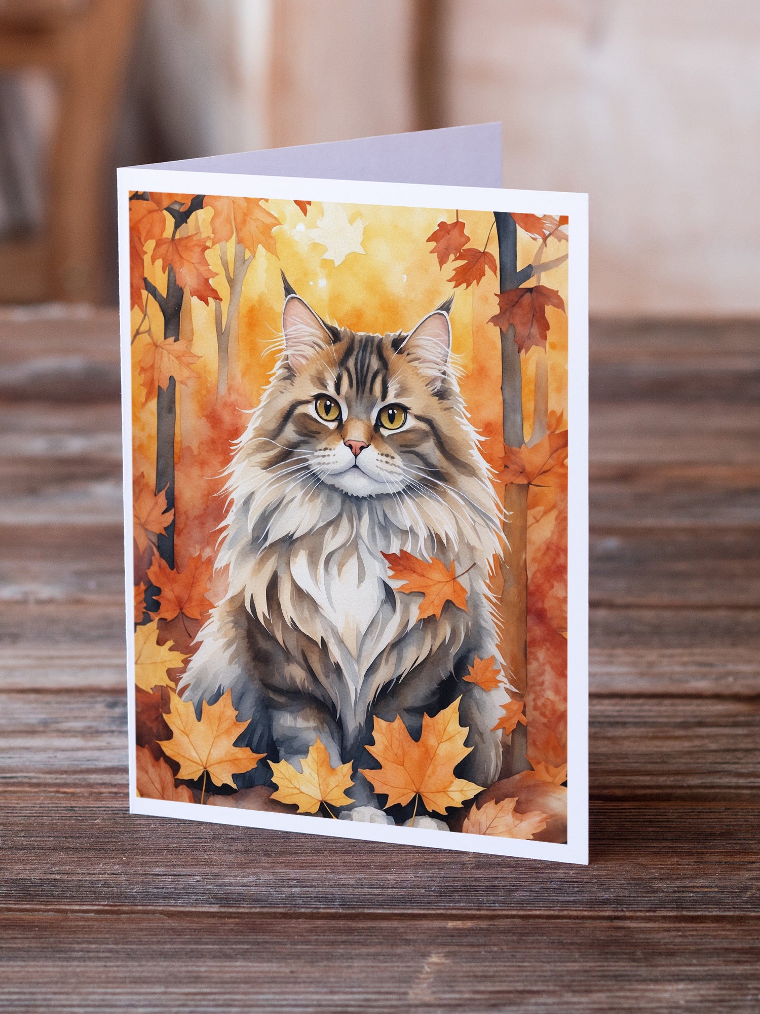 Buy this Siberian Cat in Fall Leaves Greeting Cards Pack of 8