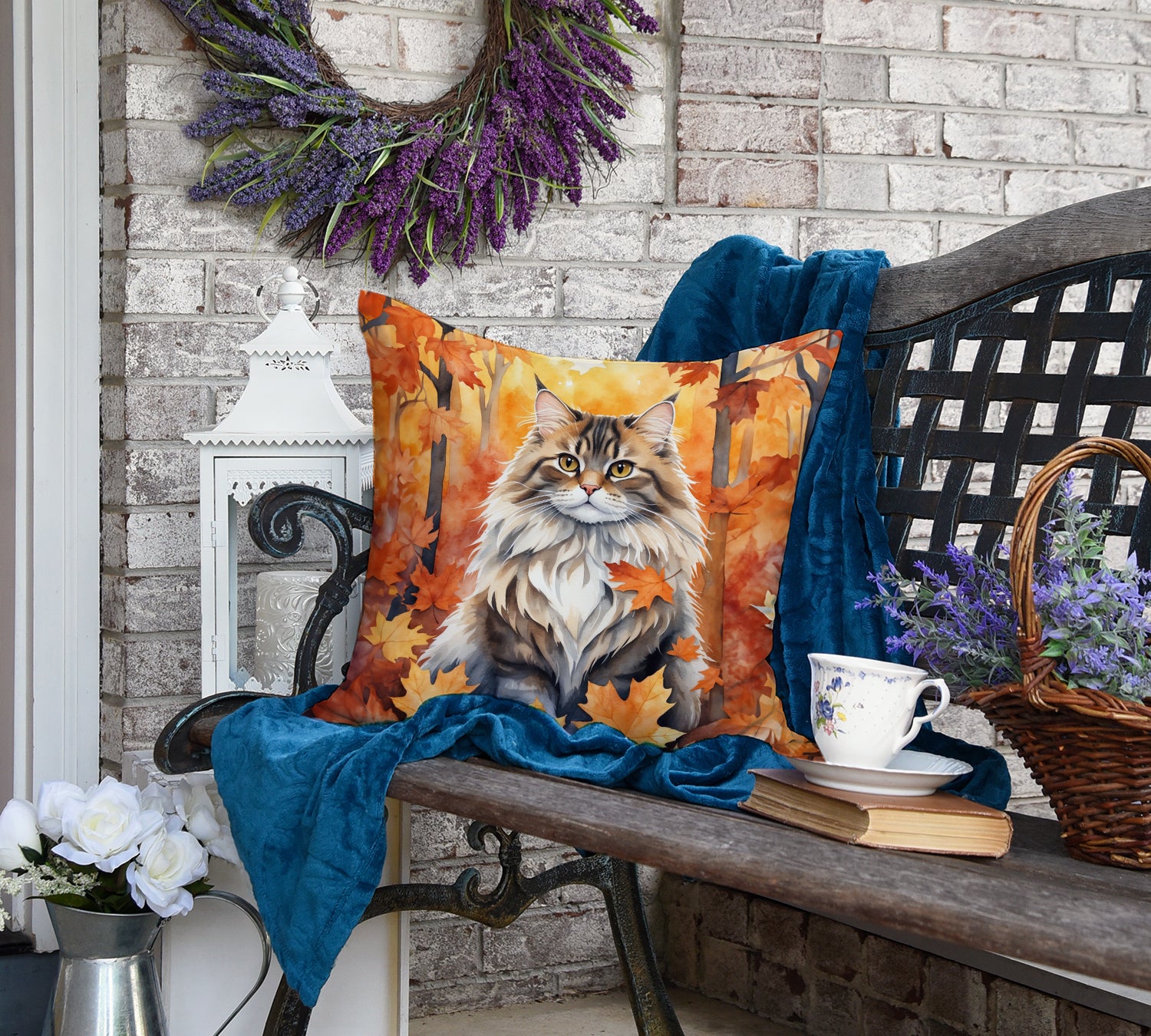 Siberian Cat in Fall Leaves Throw Pillow