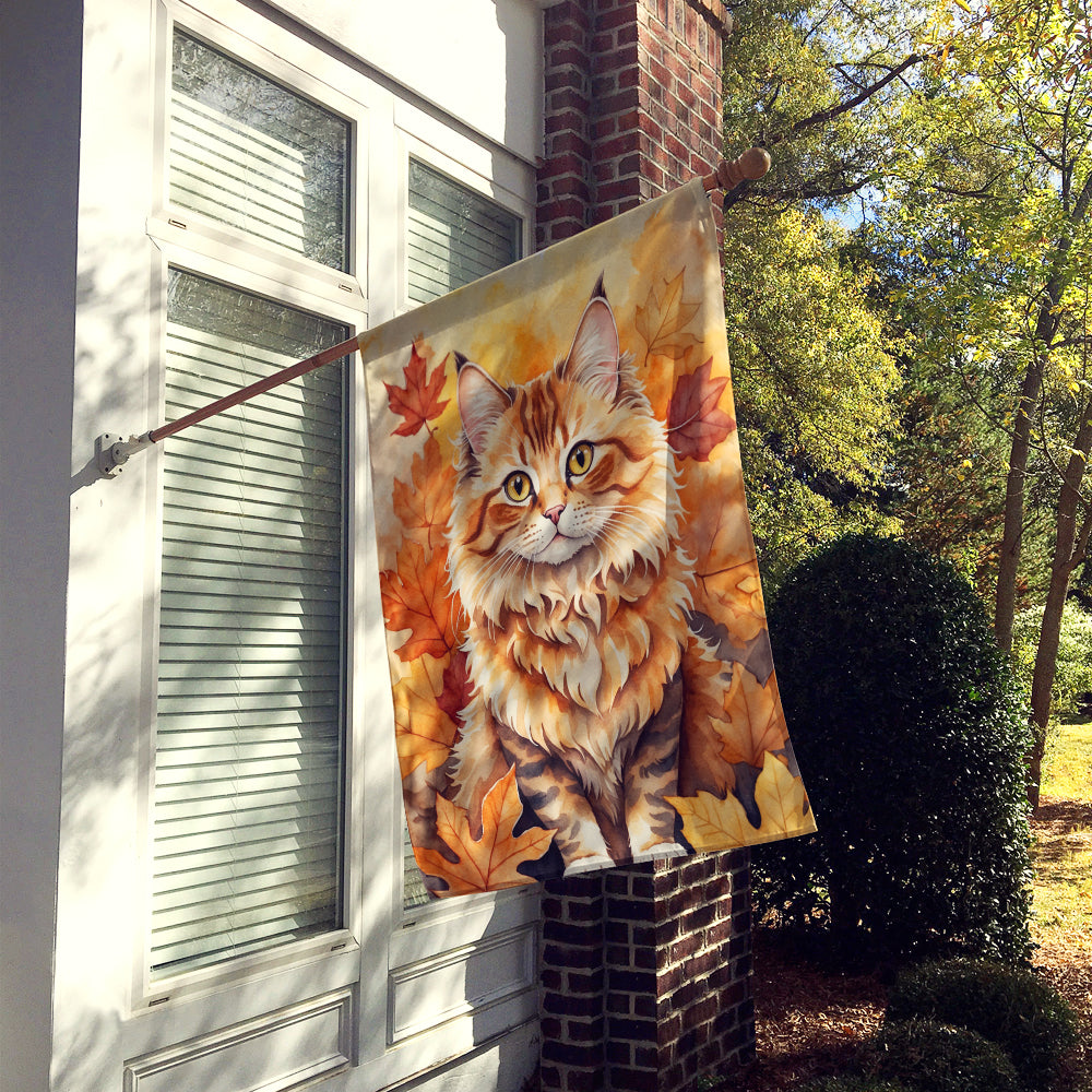 Skookum Cat in Fall Leaves House Flag