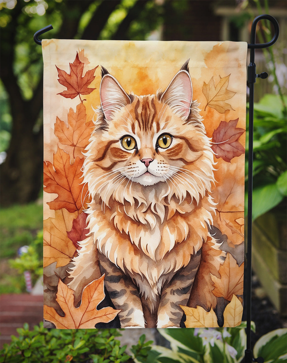 Skookum Cat in Fall Leaves Garden Flag