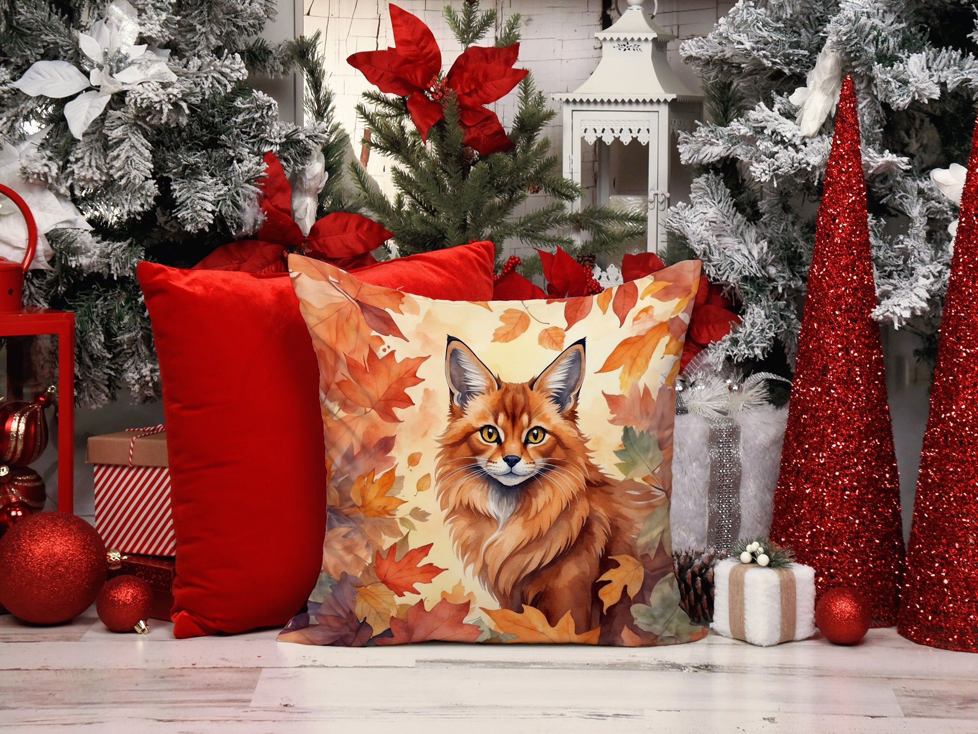 Somali Cat in Fall Leaves Throw Pillow