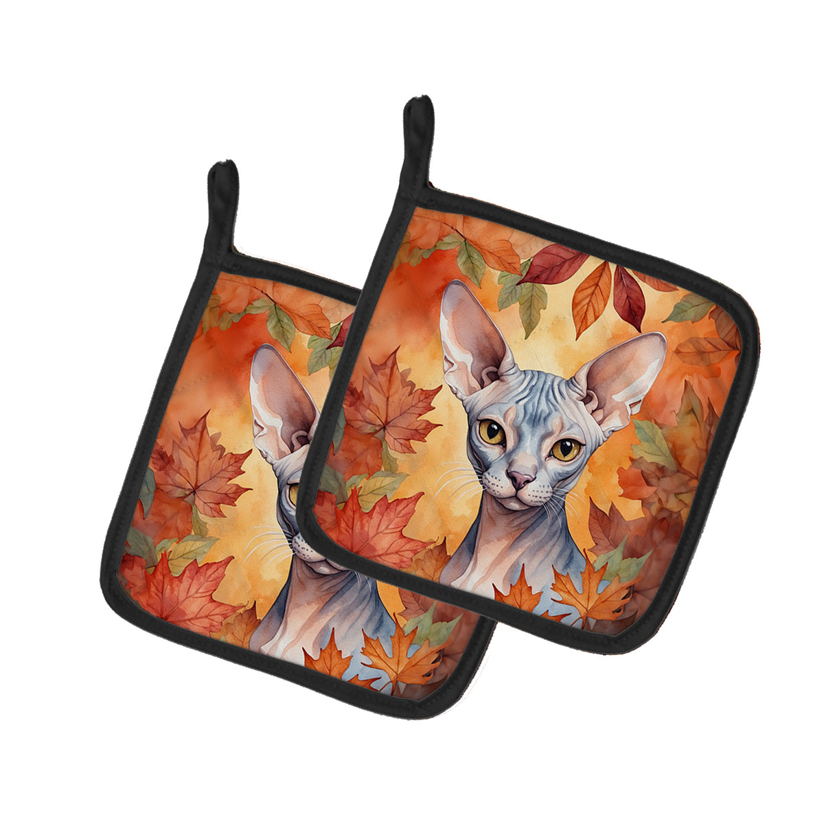 Buy this Sphynx Cat in Fall Leaves Pair of Pot Holders