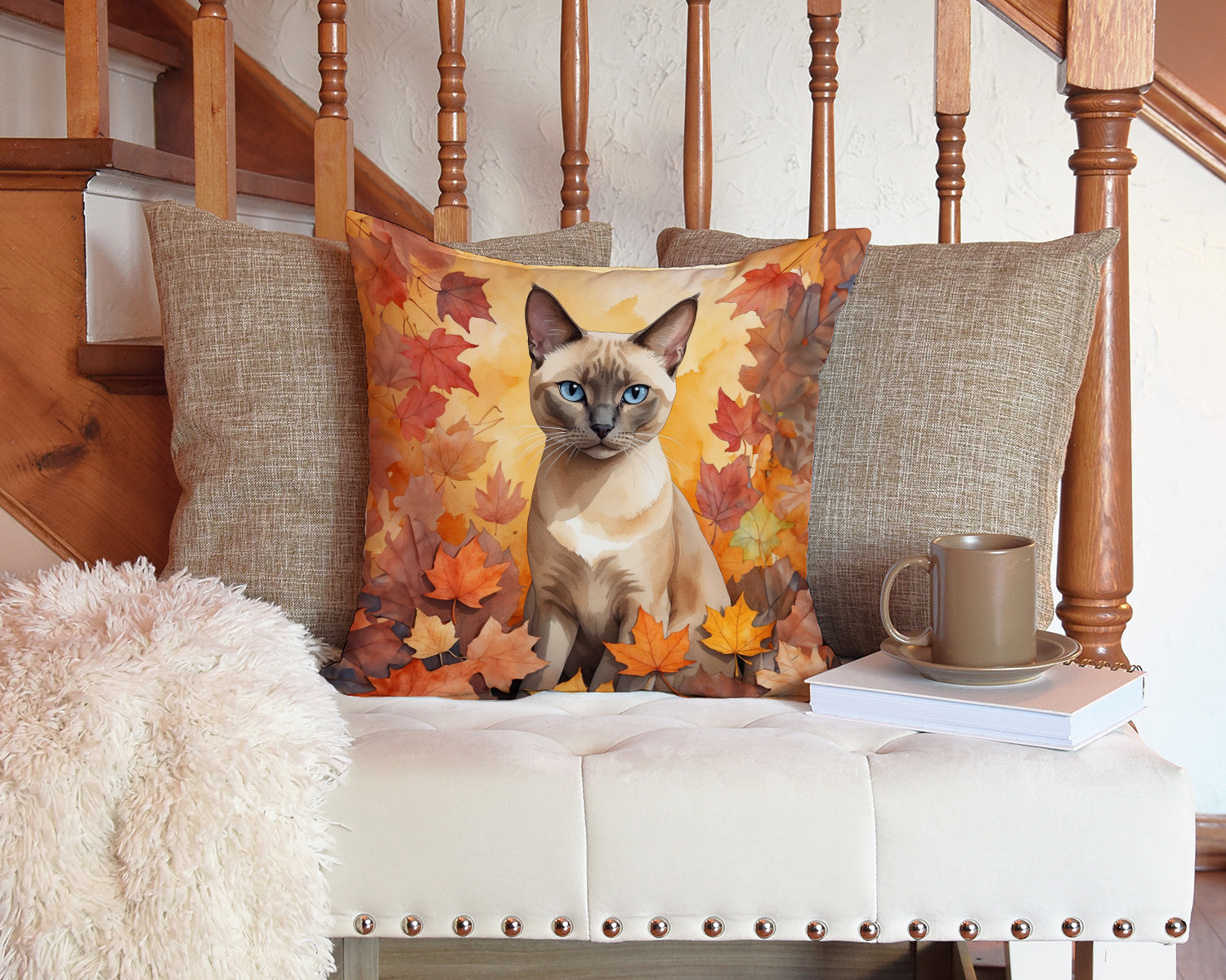 Tonkinese Cat in Fall Leaves Throw Pillow