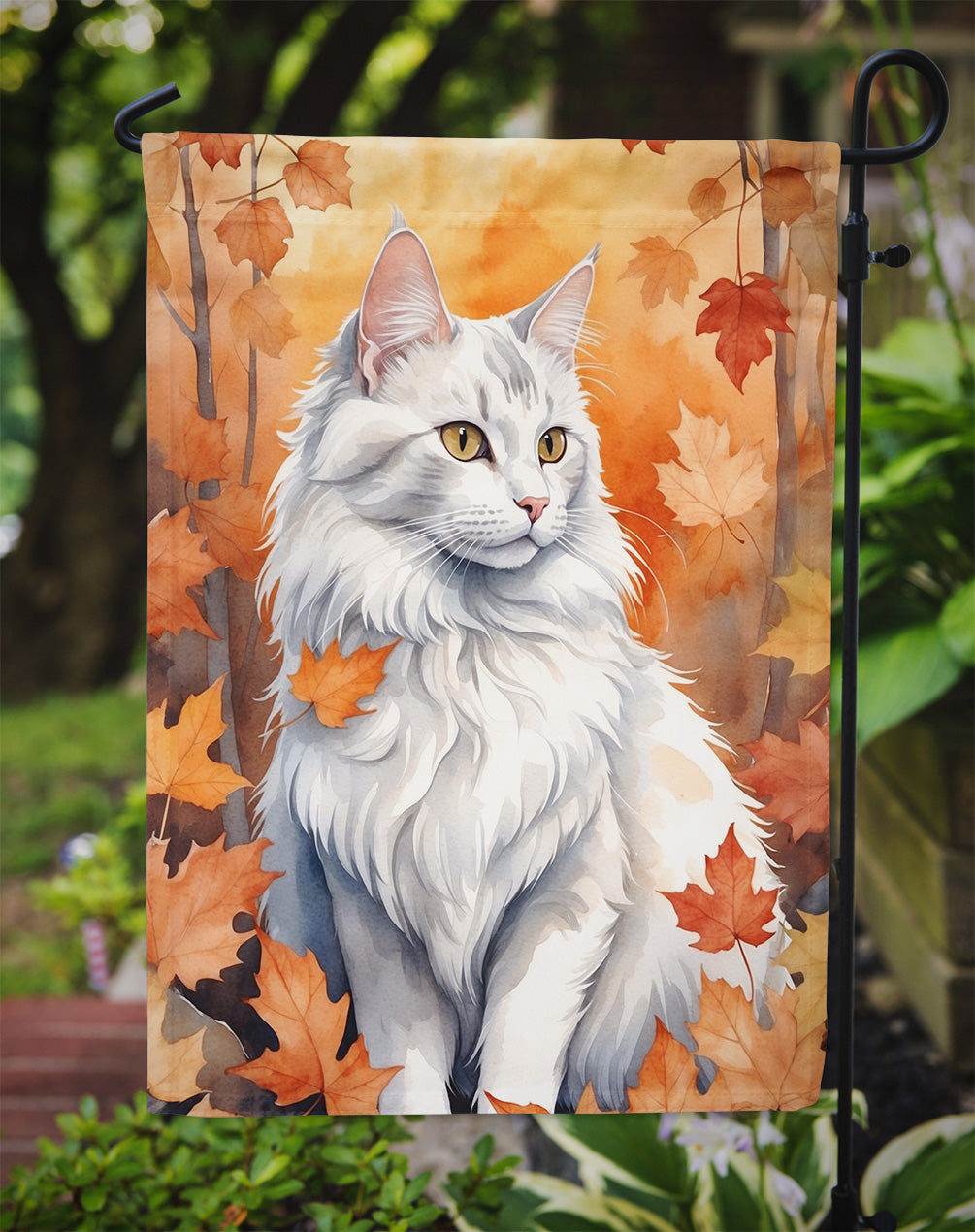 Turkish Angora Cat in Fall Leaves Garden Flag