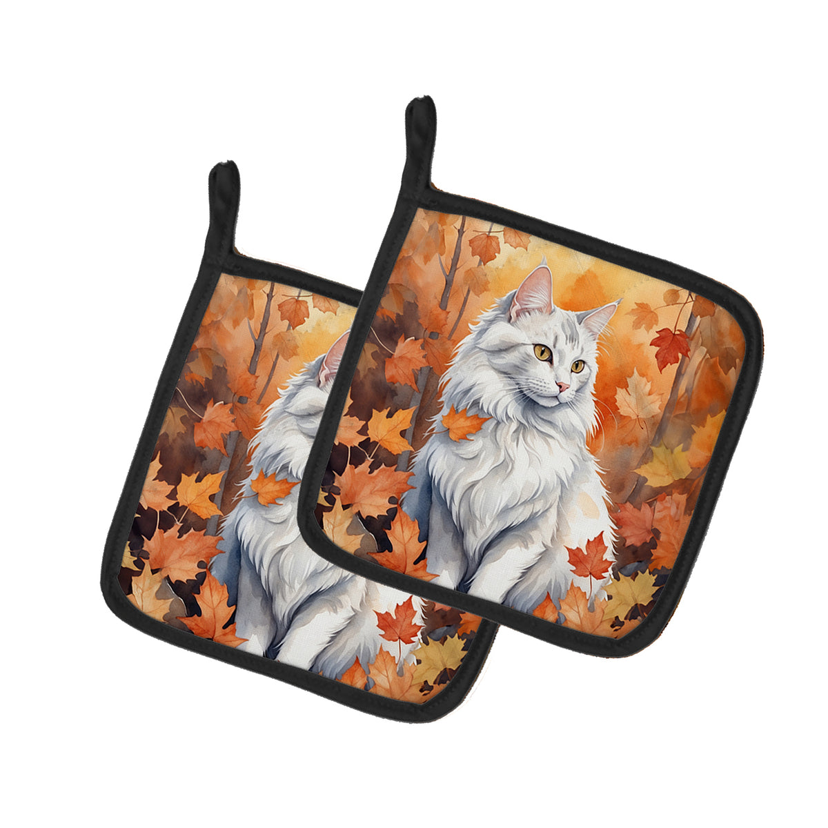 Buy this Turkish Angora Cat in Fall Leaves Pair of Pot Holders