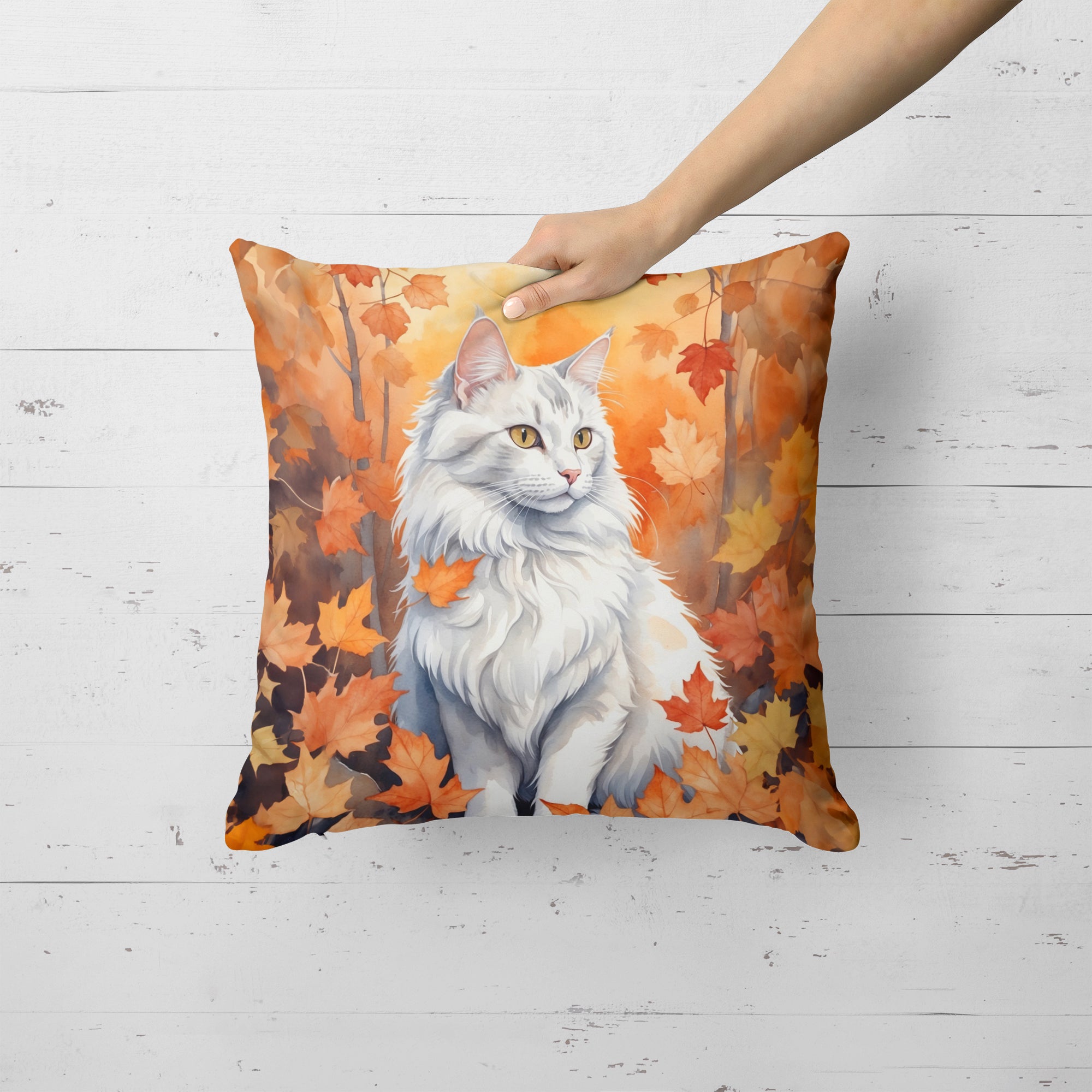 Buy this Turkish Angora Cat in Fall Leaves Throw Pillow