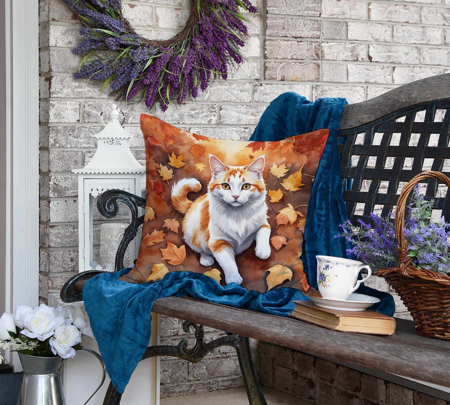 Turkish Van Cat in Fall Leaves Throw Pillow