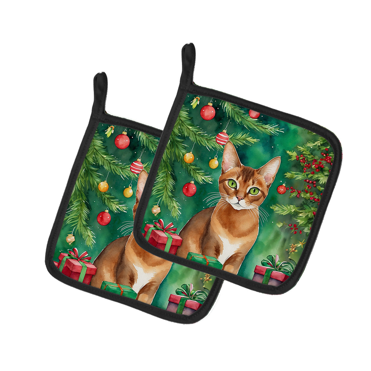 Buy this Abyssinian Cat By the Christmas Tree Pair of Pot Holders