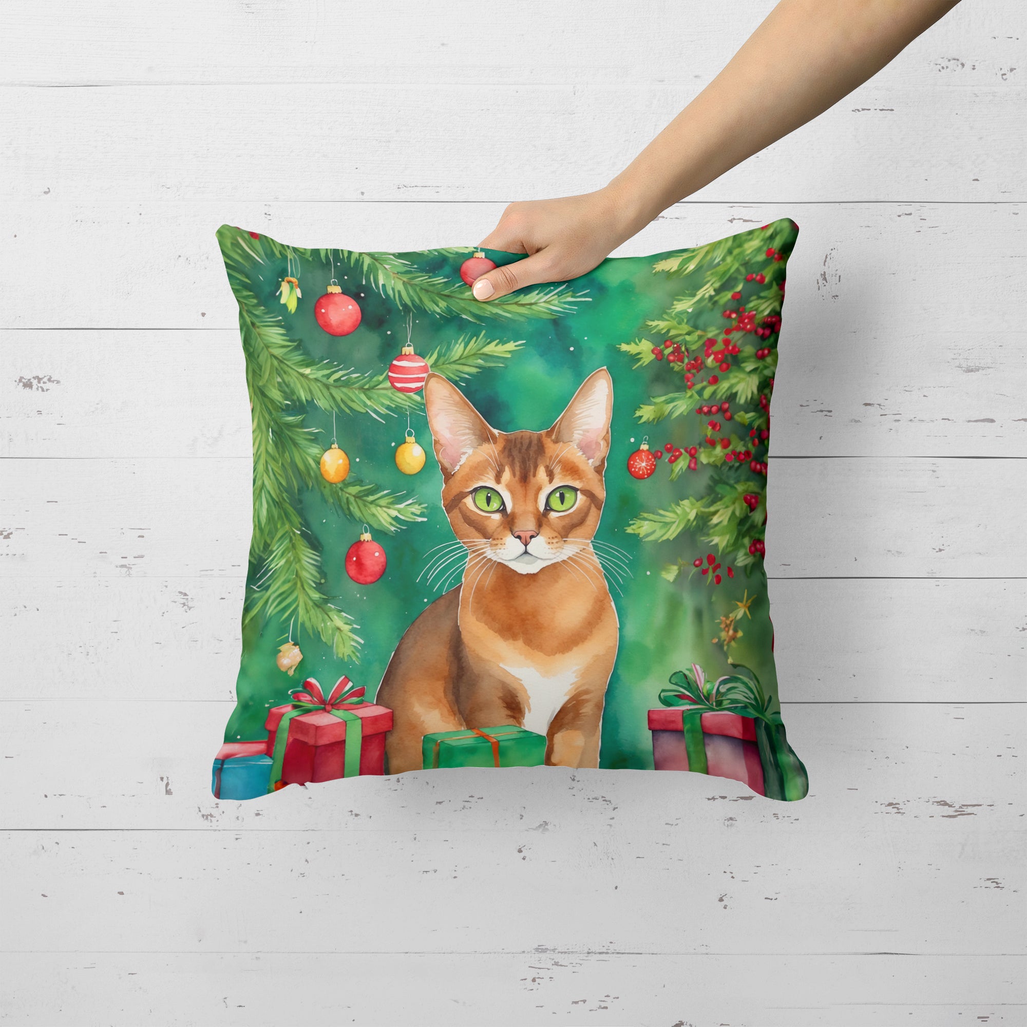 Abyssinian Cat By the Christmas Tree Throw Pillow