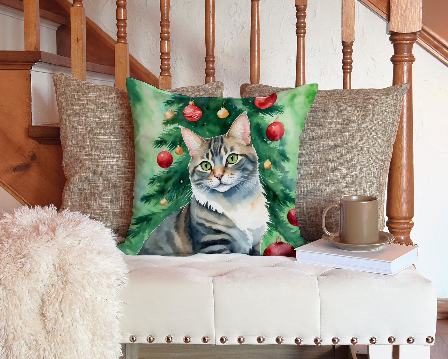 American Bobtail Cat By the Christmas Tree Throw Pillow