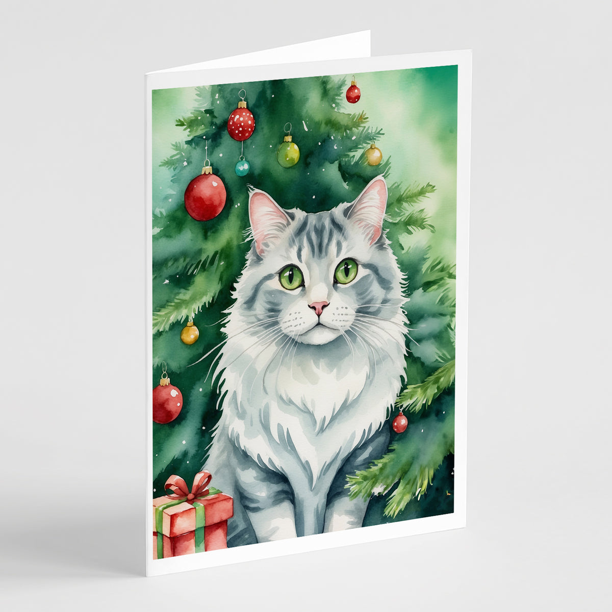 Buy this American Curl Cat By the Christmas Tree Greeting Cards Pack of 8