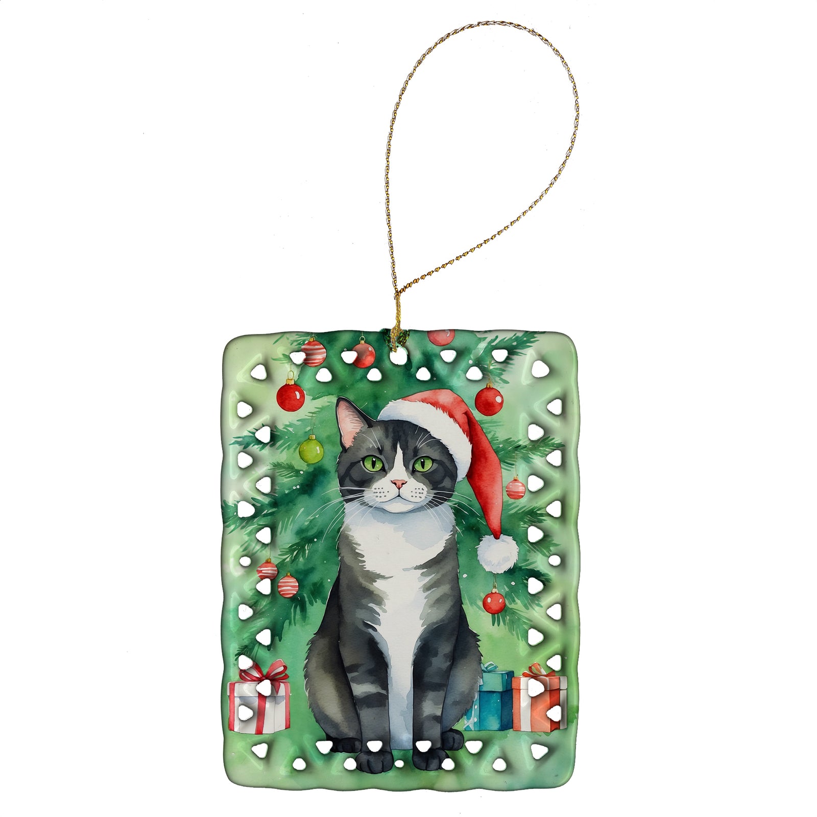 Buy this American Polydactyl Cat By the Christmas Tree Porcelain Ornament