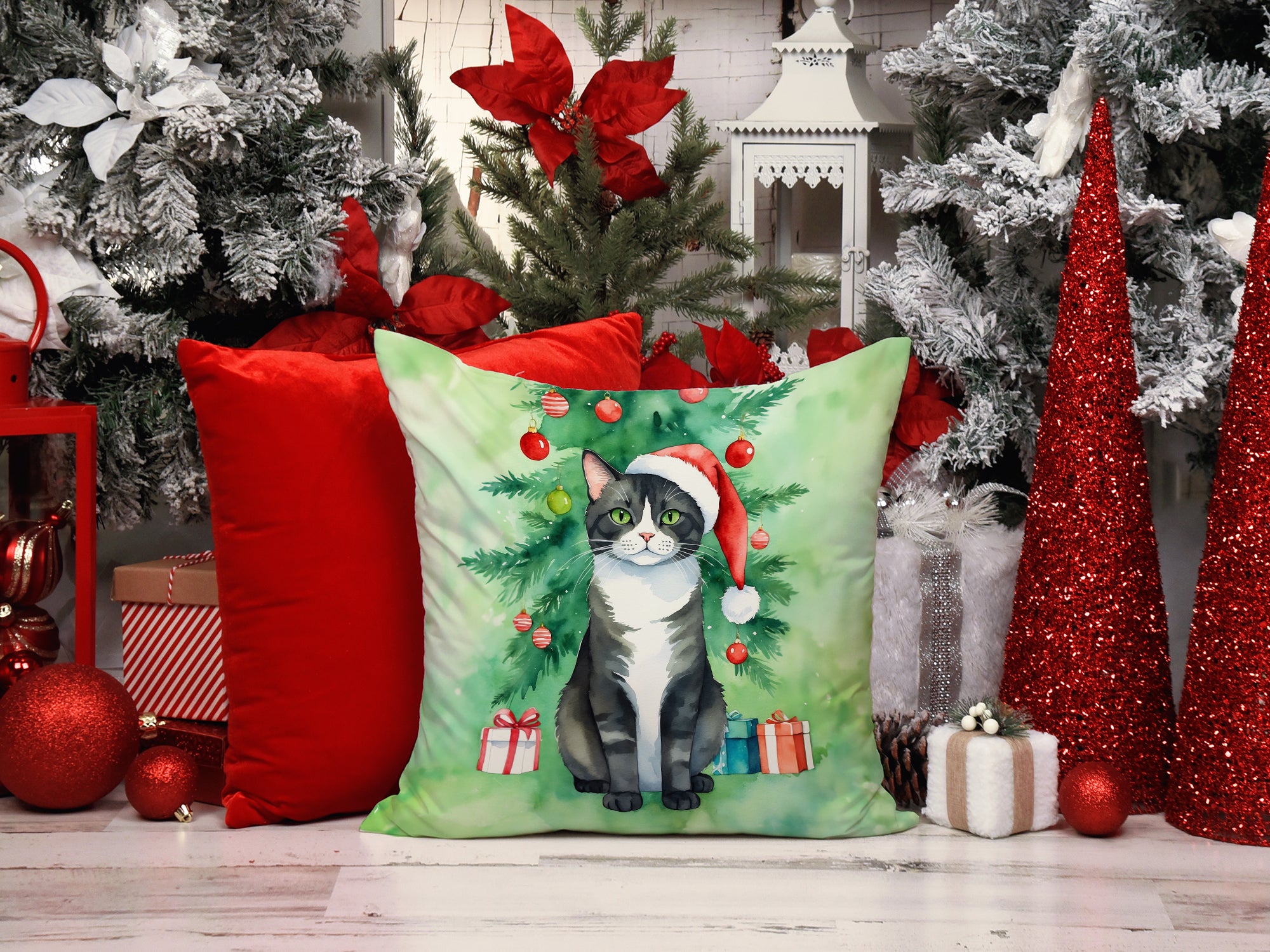 Buy this American Polydactyl Cat By the Christmas Tree Throw Pillow