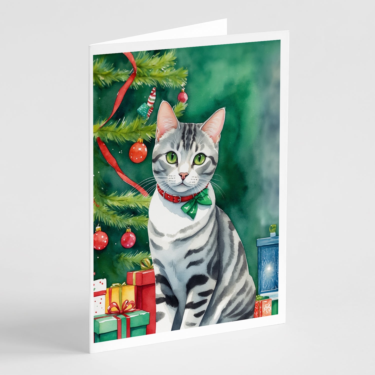 Buy this American Shorthair Cat By the Christmas Tree Greeting Cards Pack of 8