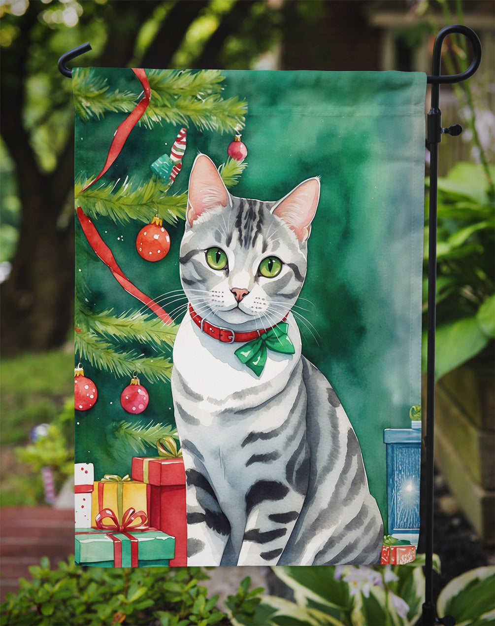 American Shorthair Cat By the Christmas Tree Garden Flag