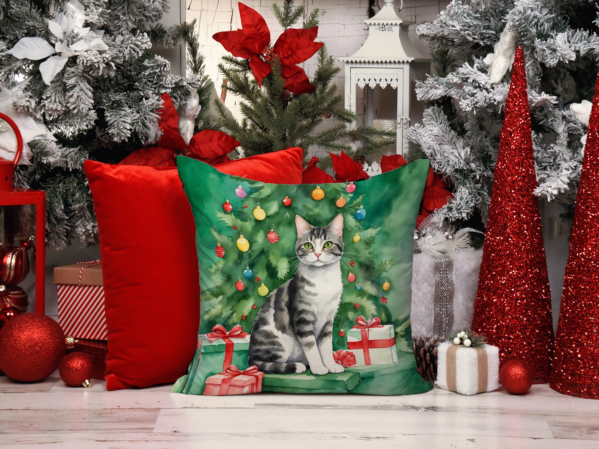 American Wirehair Cat By the Christmas Tree Throw Pillow