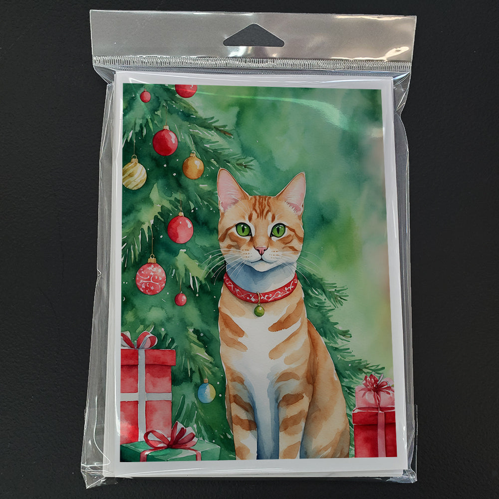 Arabian Mau Cat By the Christmas Tree Greeting Cards Pack of 8