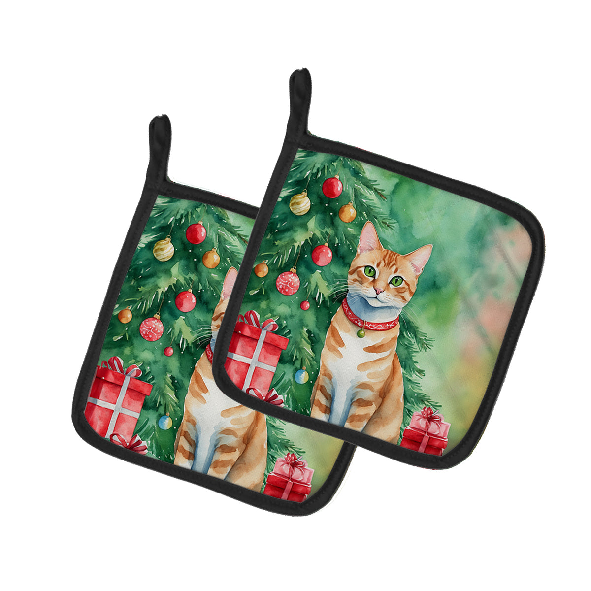 Buy this Arabian Mau Cat By the Christmas Tree Pair of Pot Holders