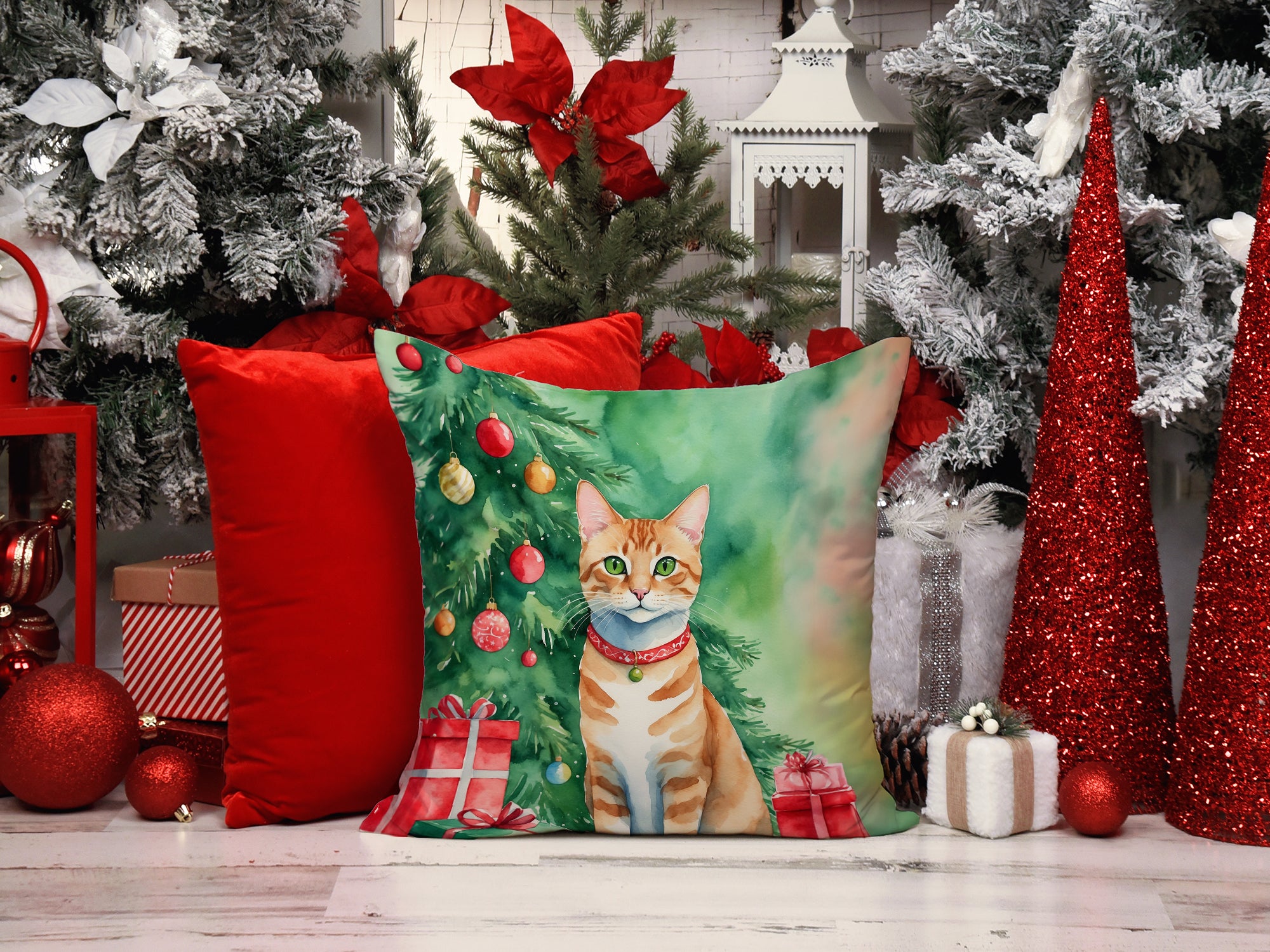 Buy this Arabian Mau Cat By the Christmas Tree Throw Pillow