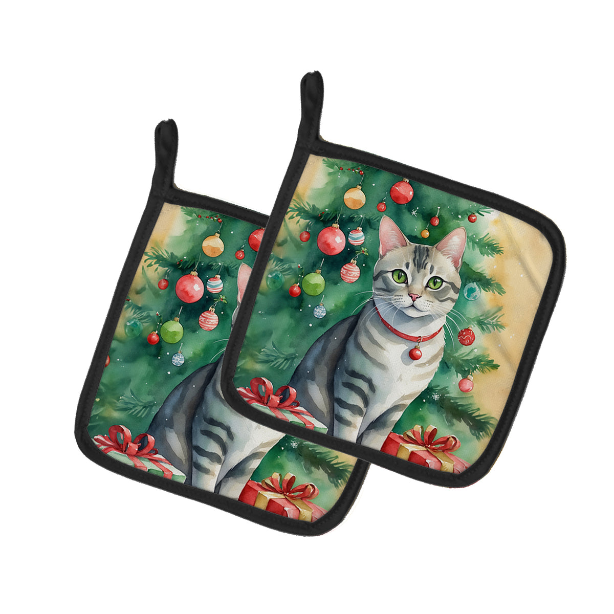 Buy this Asian Cat By the Christmas Tree Pair of Pot Holders